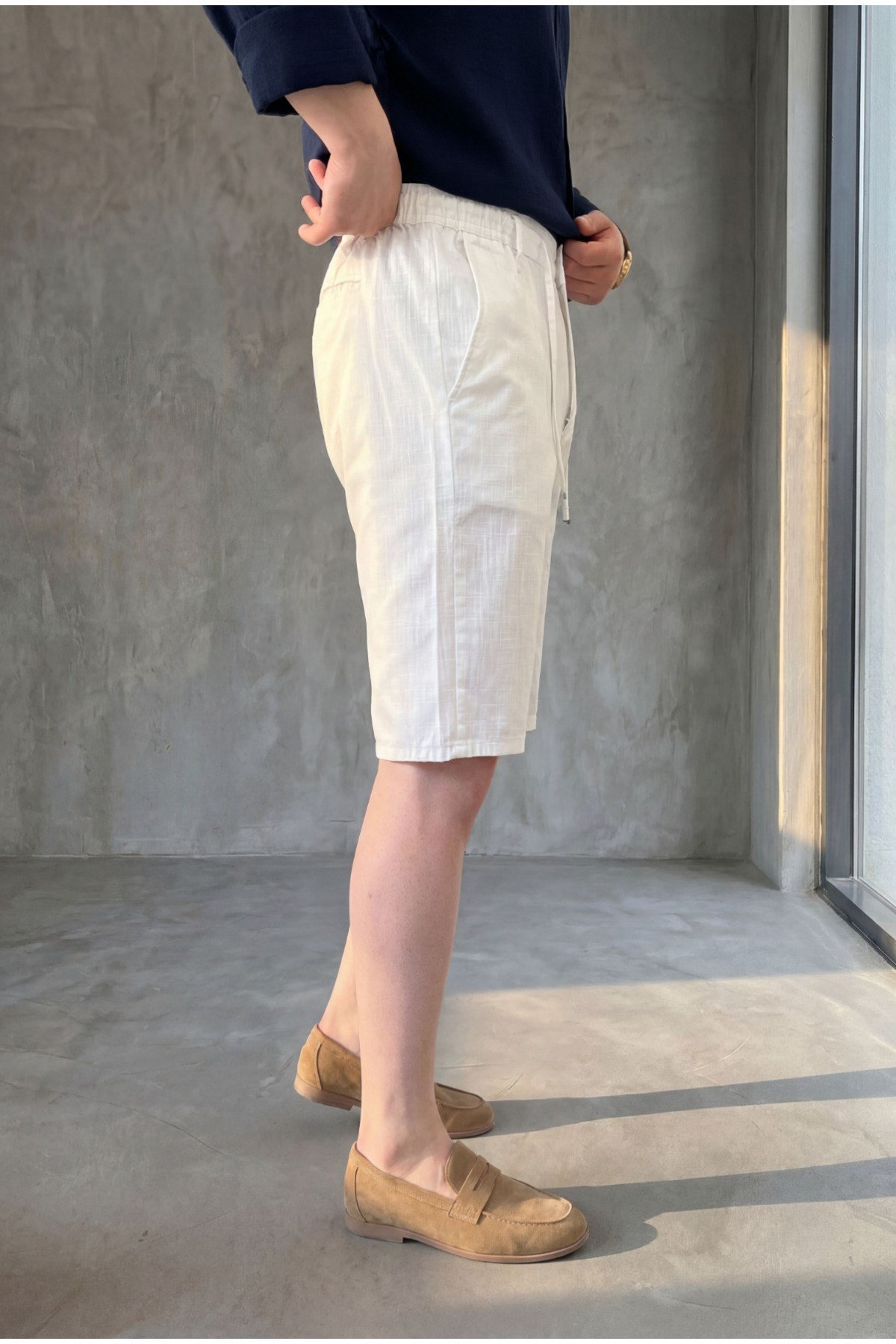 Erkek Bel Bağcıklı Regular Fit Old Money Pamuklu Keten Dokuma Şort