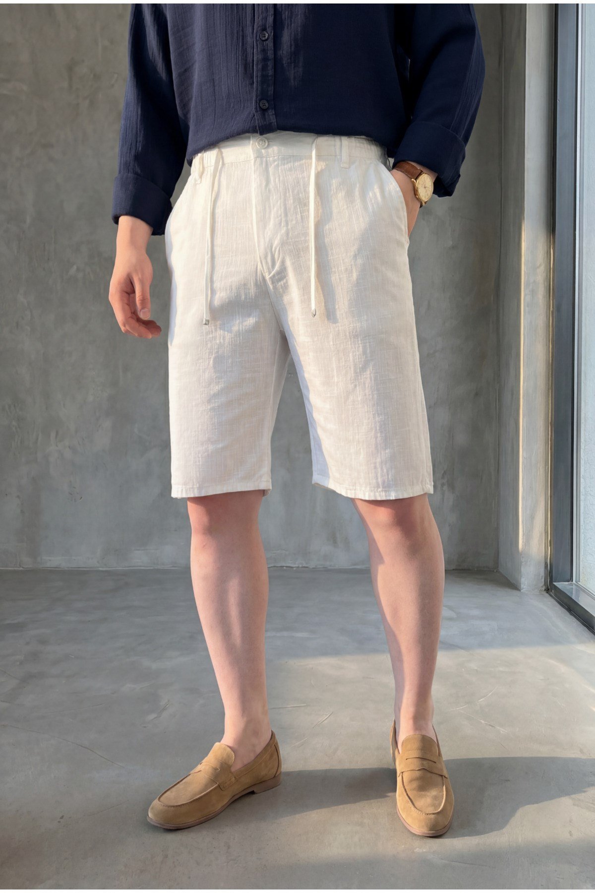 Erkek Bel Bağcıklı Regular Fit Old Money Pamuklu Keten Dokuma Şort