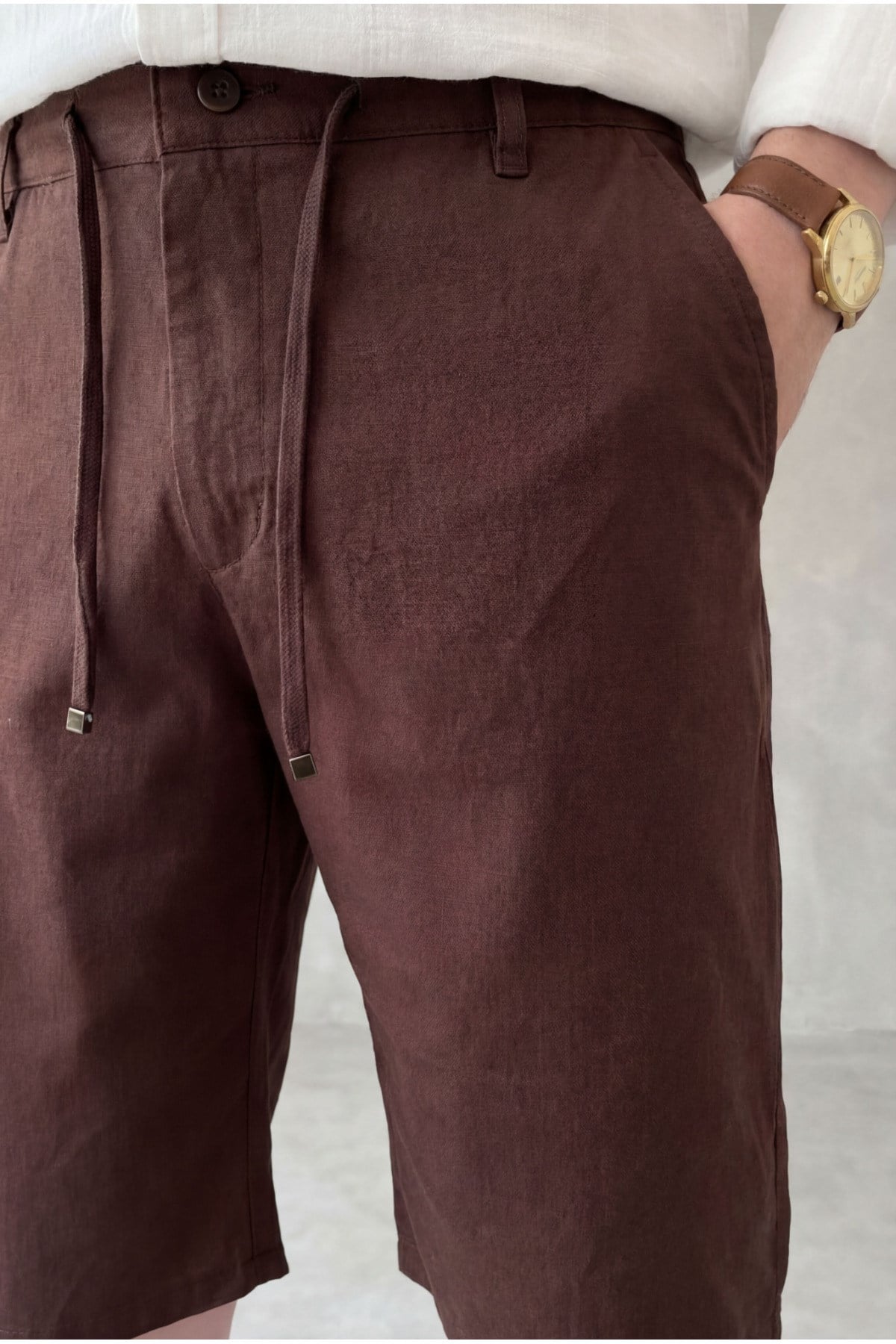 Erkek Bel Bağcıklı Regular Fit Old Money Pamuklu Keten Dokuma Şort