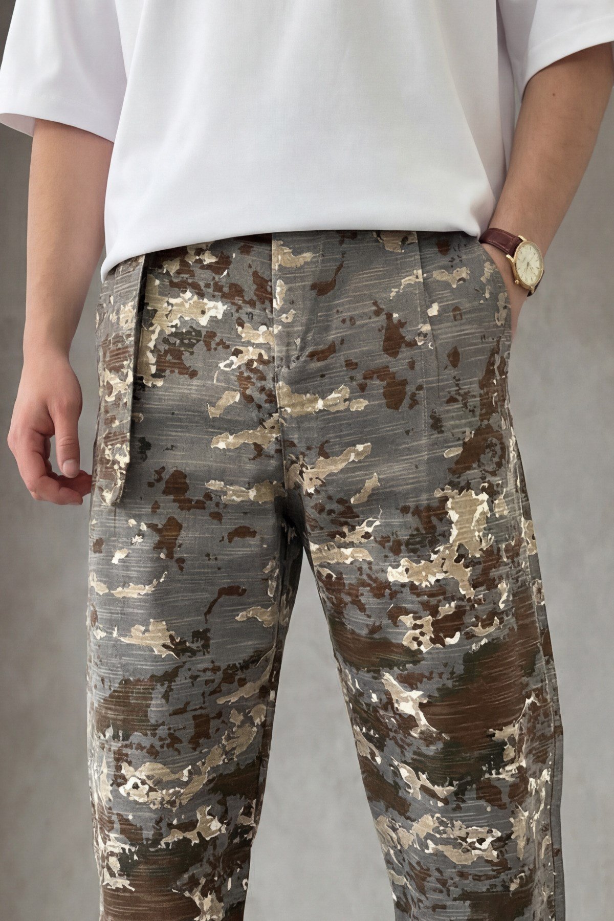 Erkek Kemer Detaylı Kamuflaj Desenli Keten Baggy Pantolon