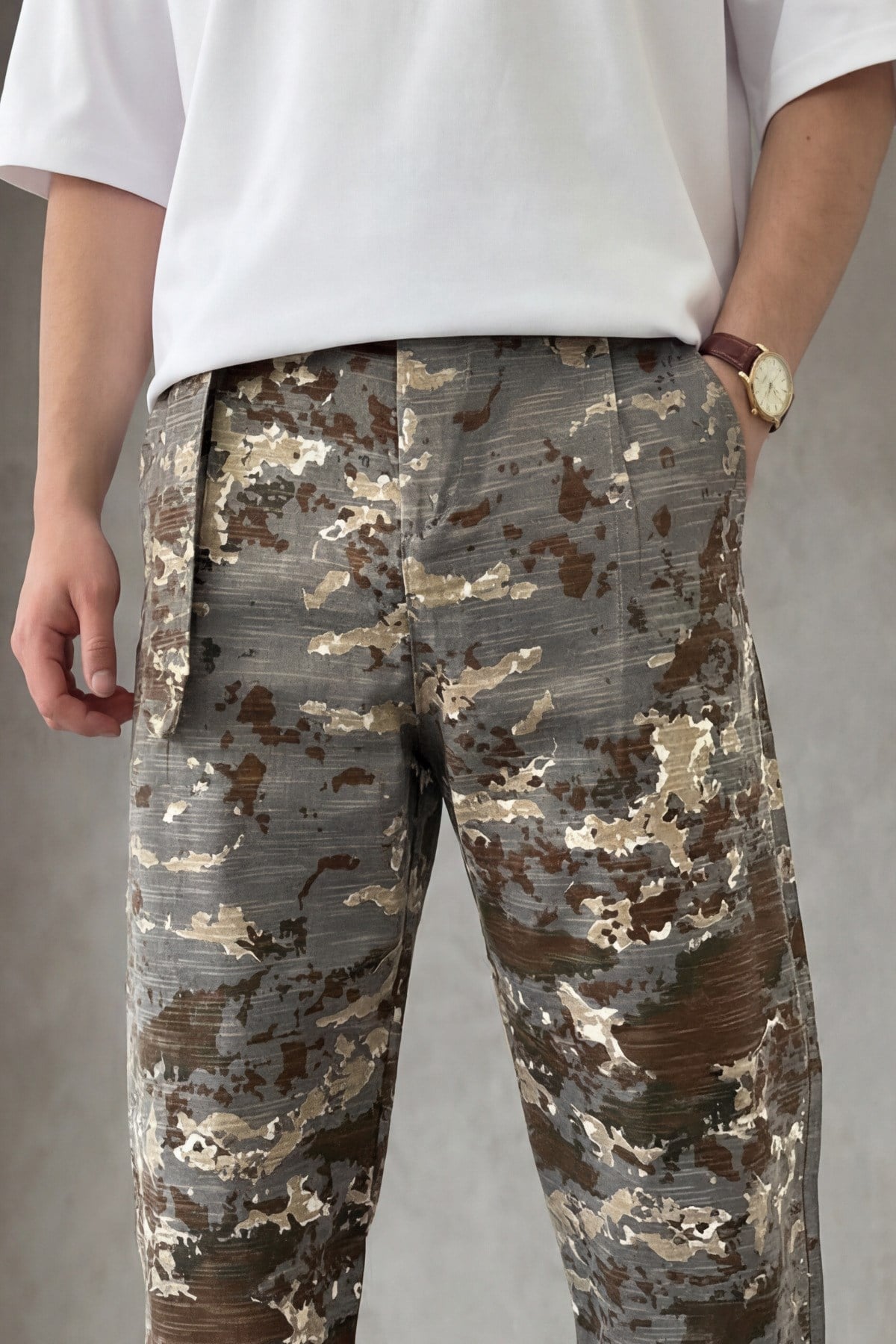 Erkek Kemer Detaylı Kamuflaj Desenli Keten Baggy Pantolon