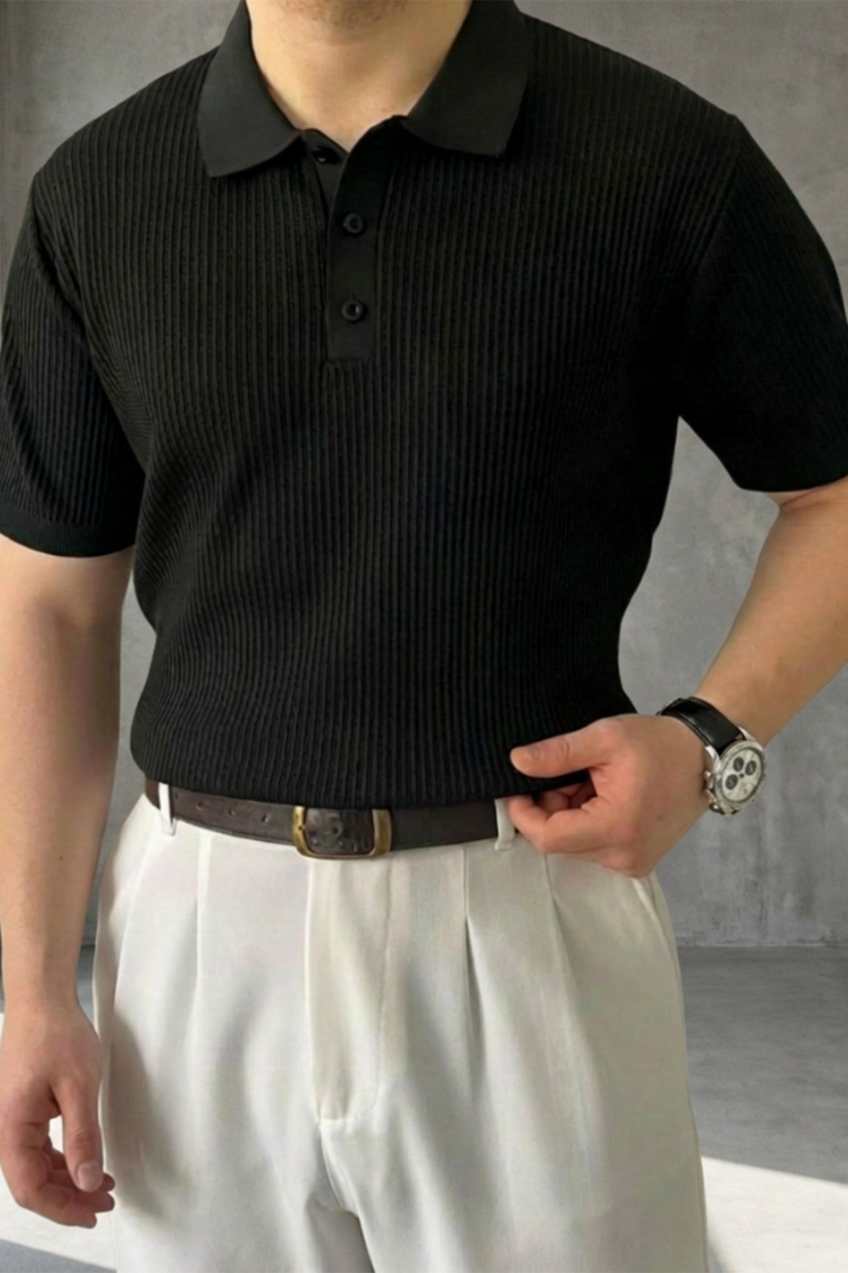 Erkek Old Money Çizgi Dokulu Kısa Kollu Polo Yaka T-Shirt