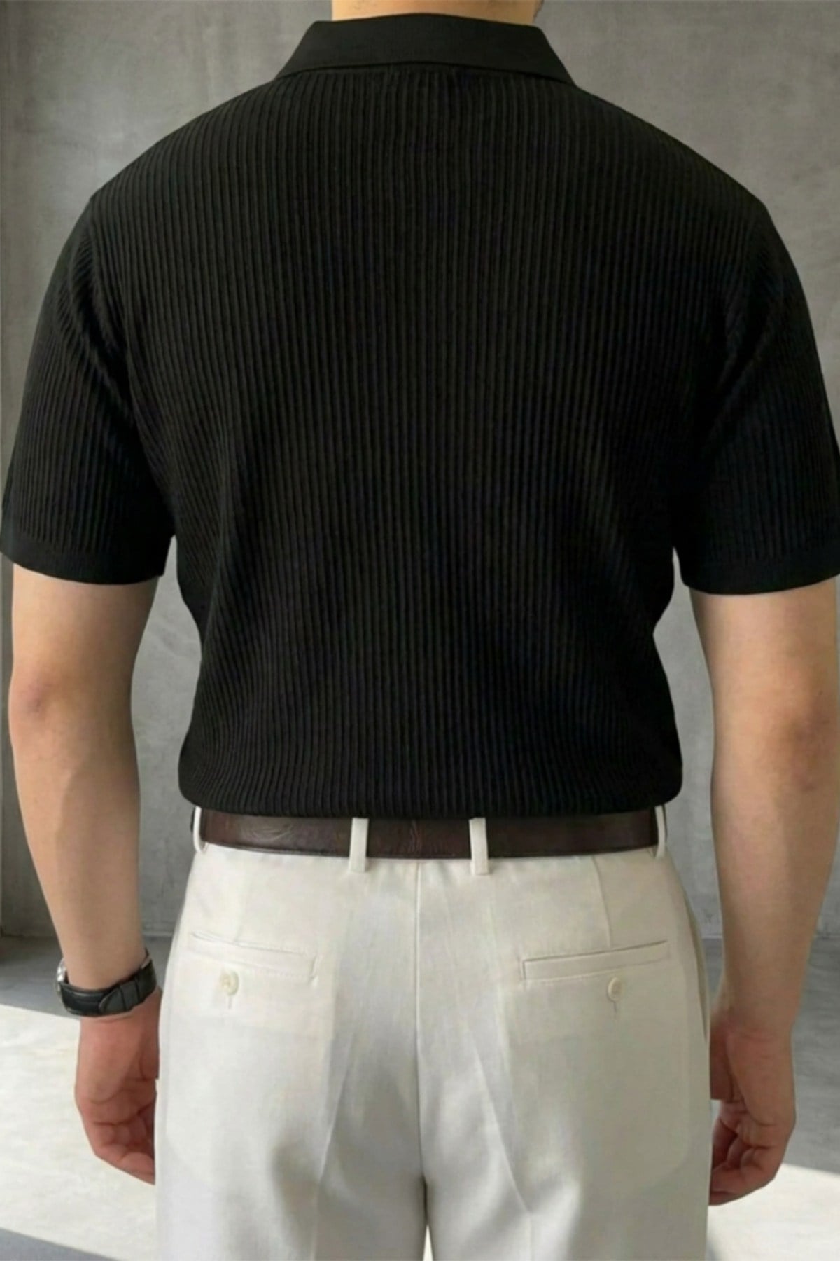 Erkek Old Money Çizgi Dokulu Kısa Kollu Polo Yaka T-Shirt