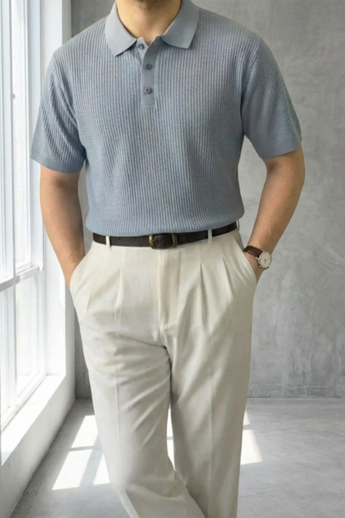 Erkek Old Money Çizgi Dokulu Kısa Kollu Polo Yaka T-Shirt
