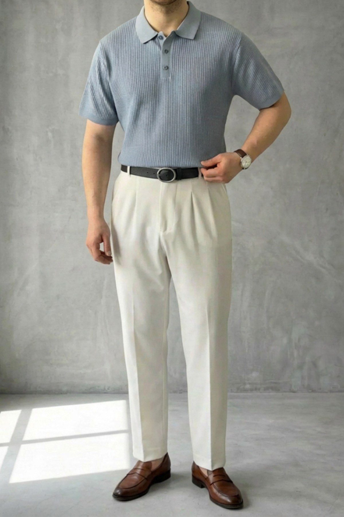 Erkek Old Money Çizgi Dokulu Kısa Kollu Polo Yaka T-Shirt