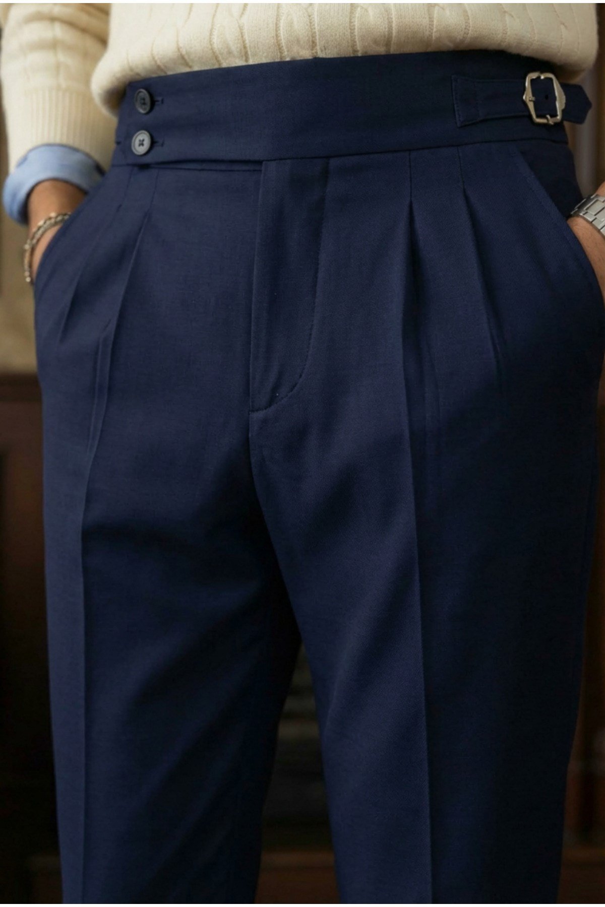 Erkek Old Money Pileli Harvest İtalyan Kesim Kumaş Pantolon Lacivert