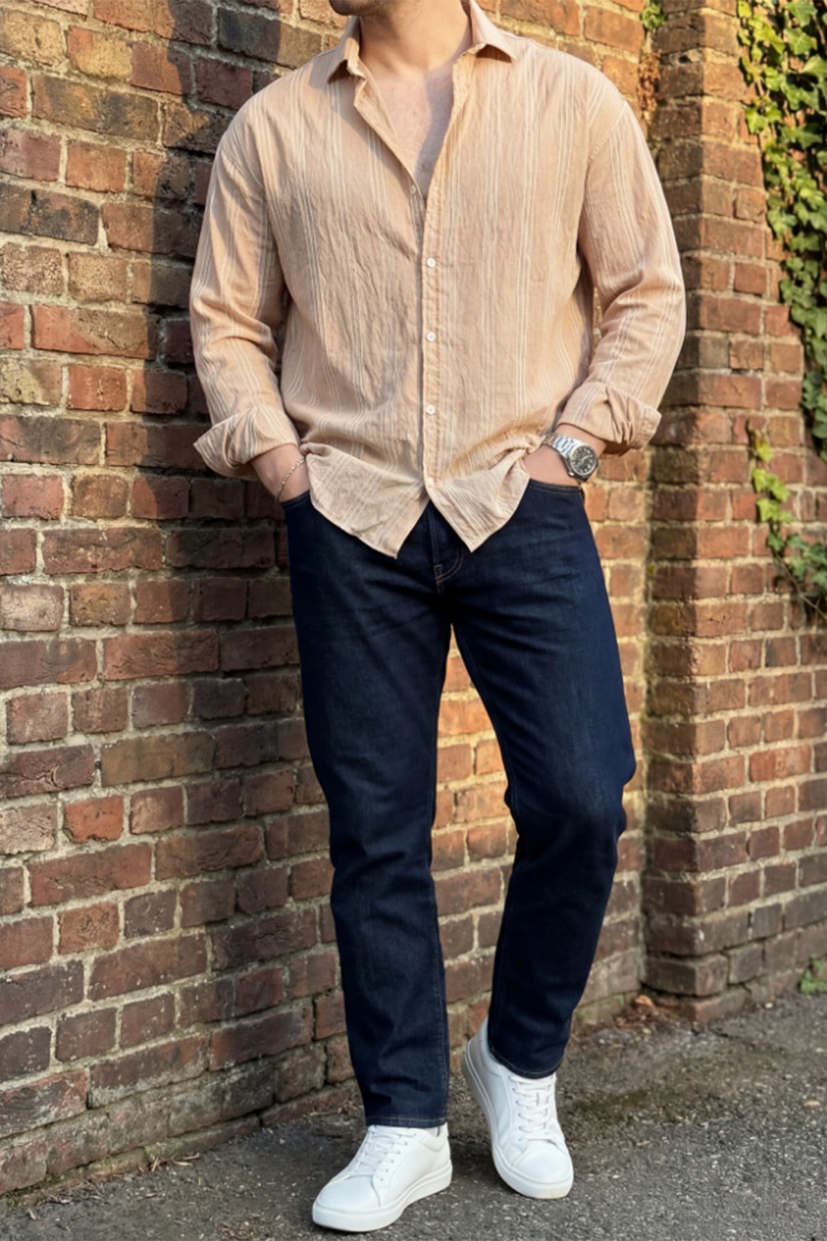 Erkek Oversize Çizgi Detaylı Modal Kumaş Gömlek