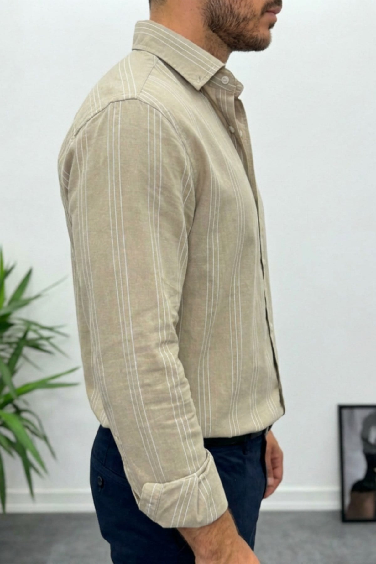 Erkek Oversize Çizgi Detaylı Modal Kumaş Gömlek