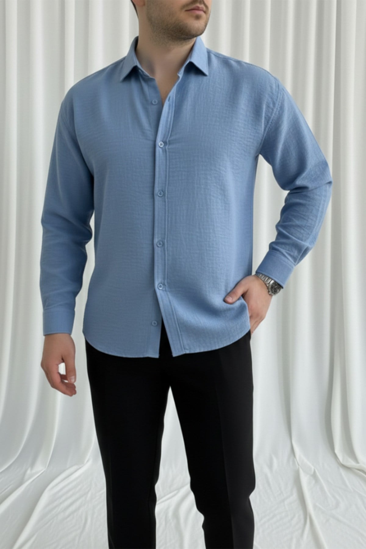 Erkek Oversize Kalıp Keten Görünümlü Gömlek