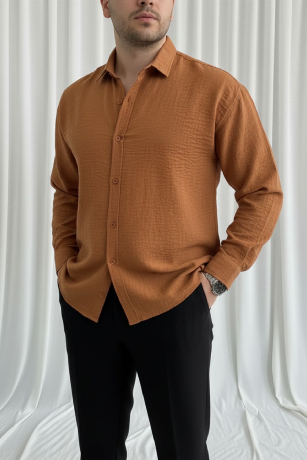 Erkek Oversize Kalıp Keten Görünümlü Gömlek