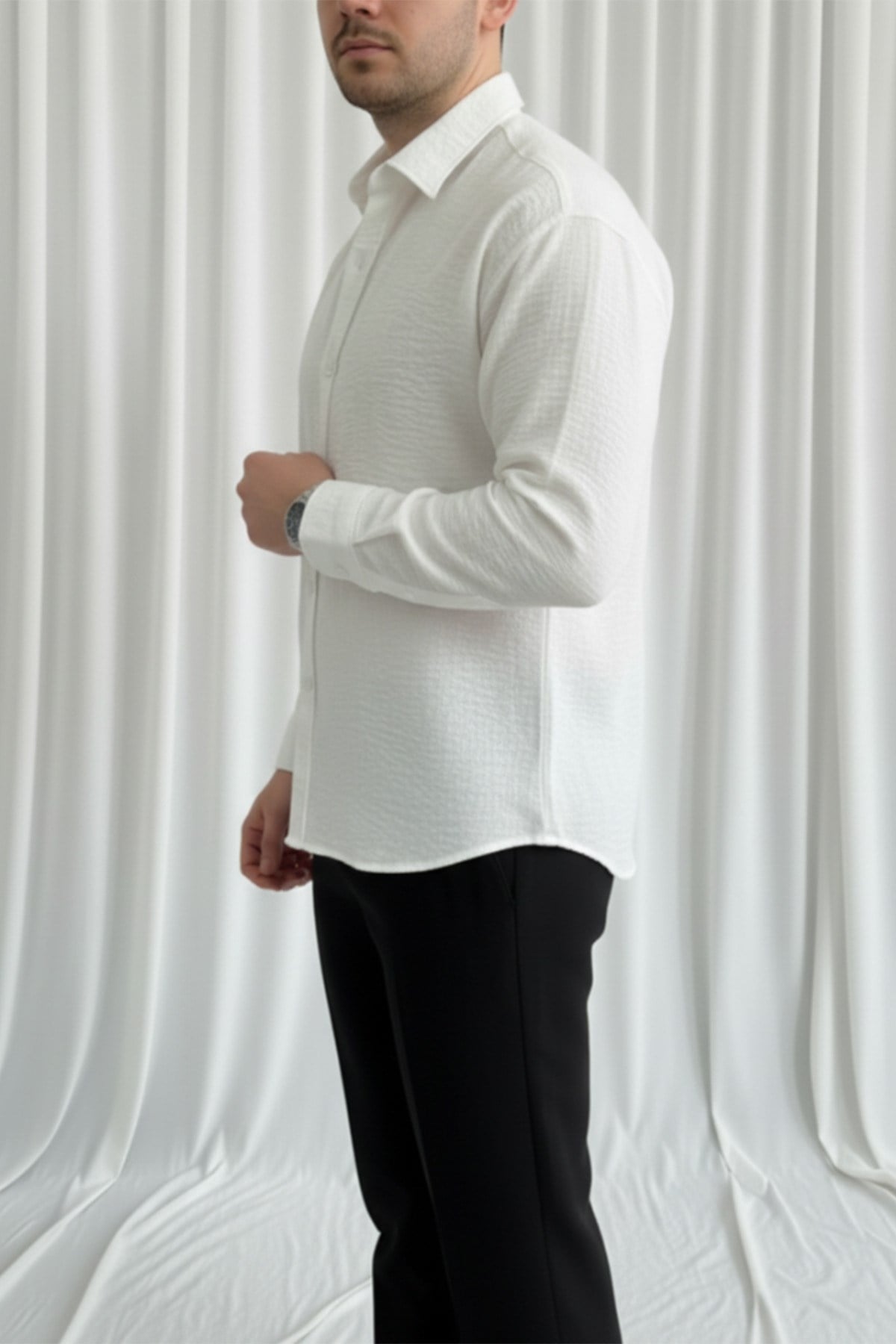Erkek Oversize Kalıp Keten Görünümlü Gömlek