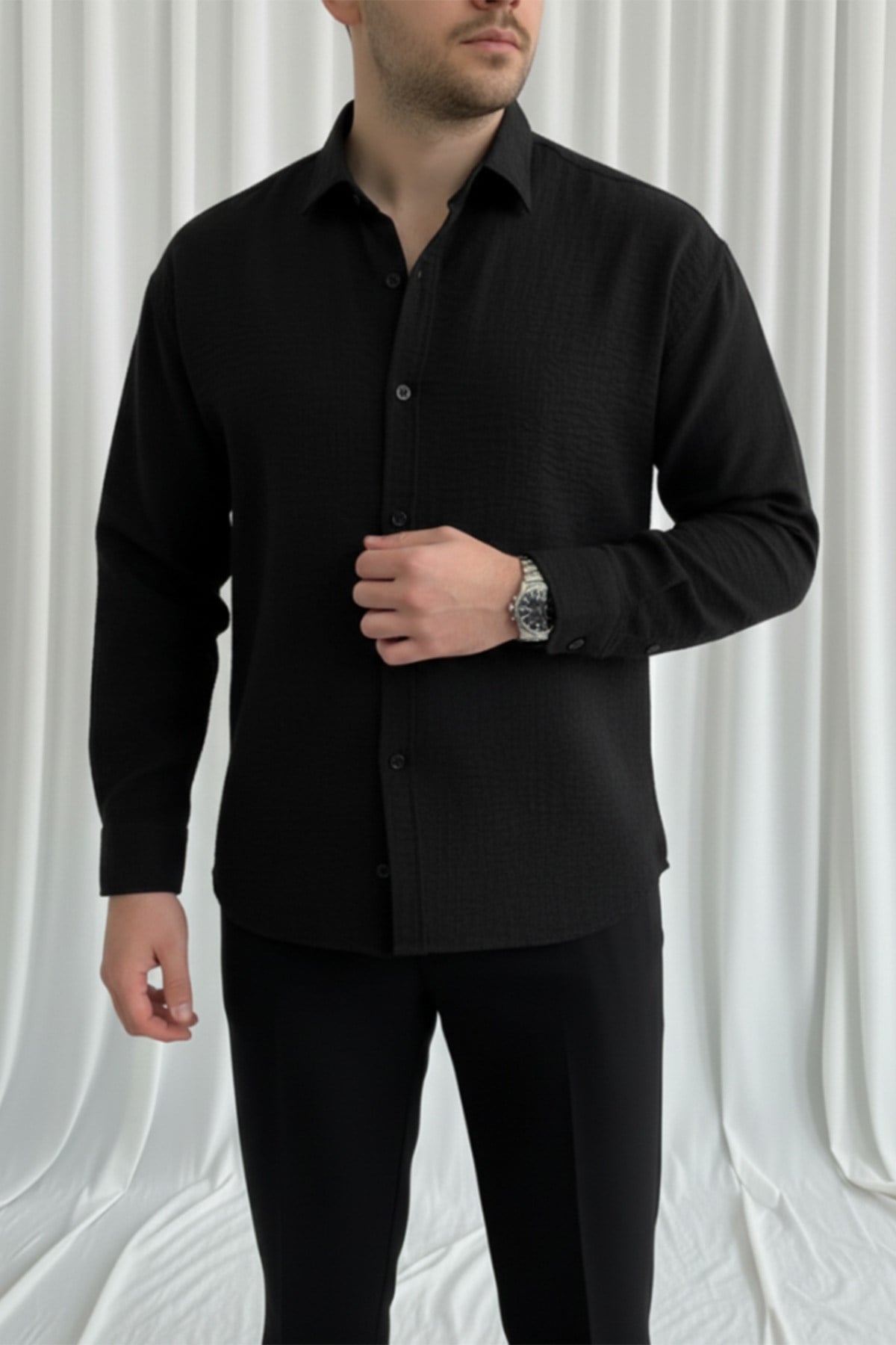 Erkek Oversize Kalıp Keten Görünümlü Gömlek