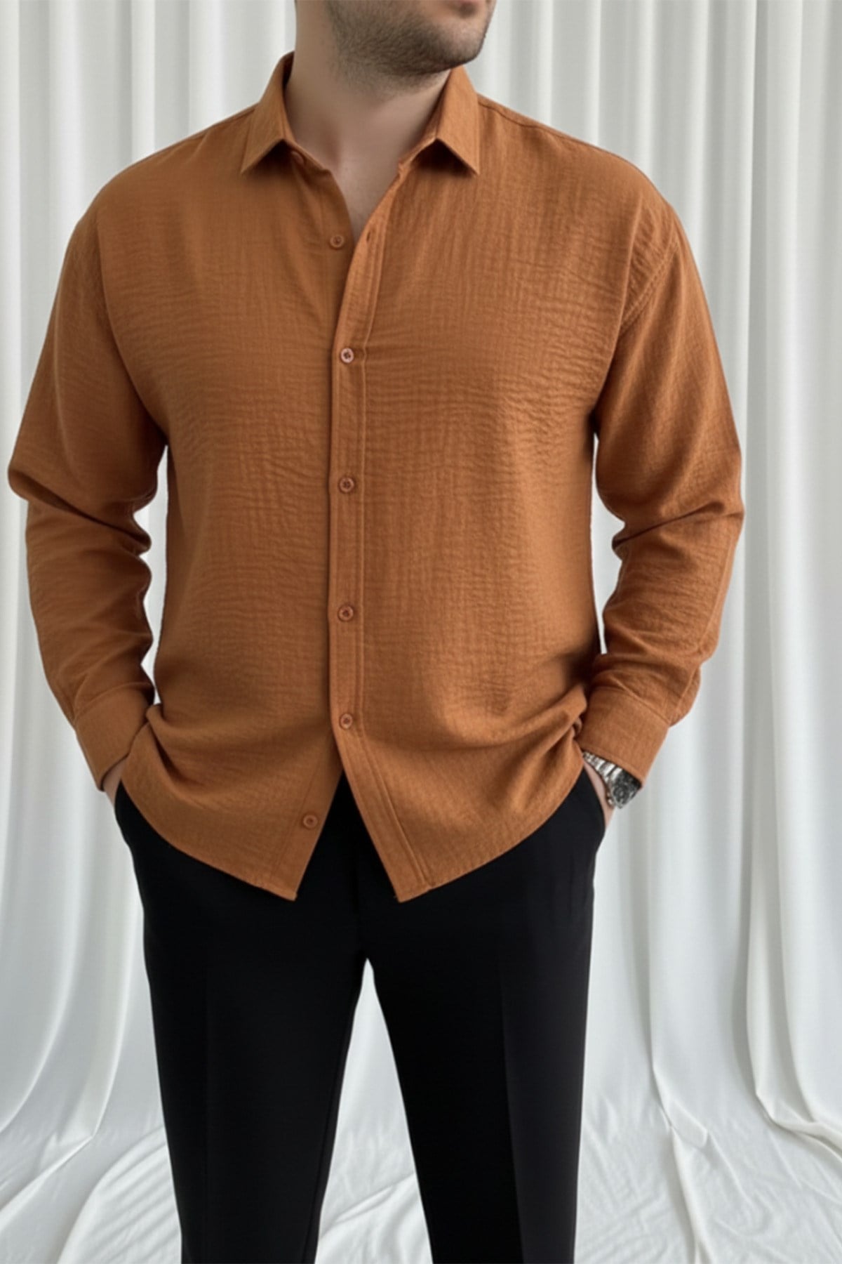 Erkek Oversize Kalıp Keten Görünümlü Gömlek