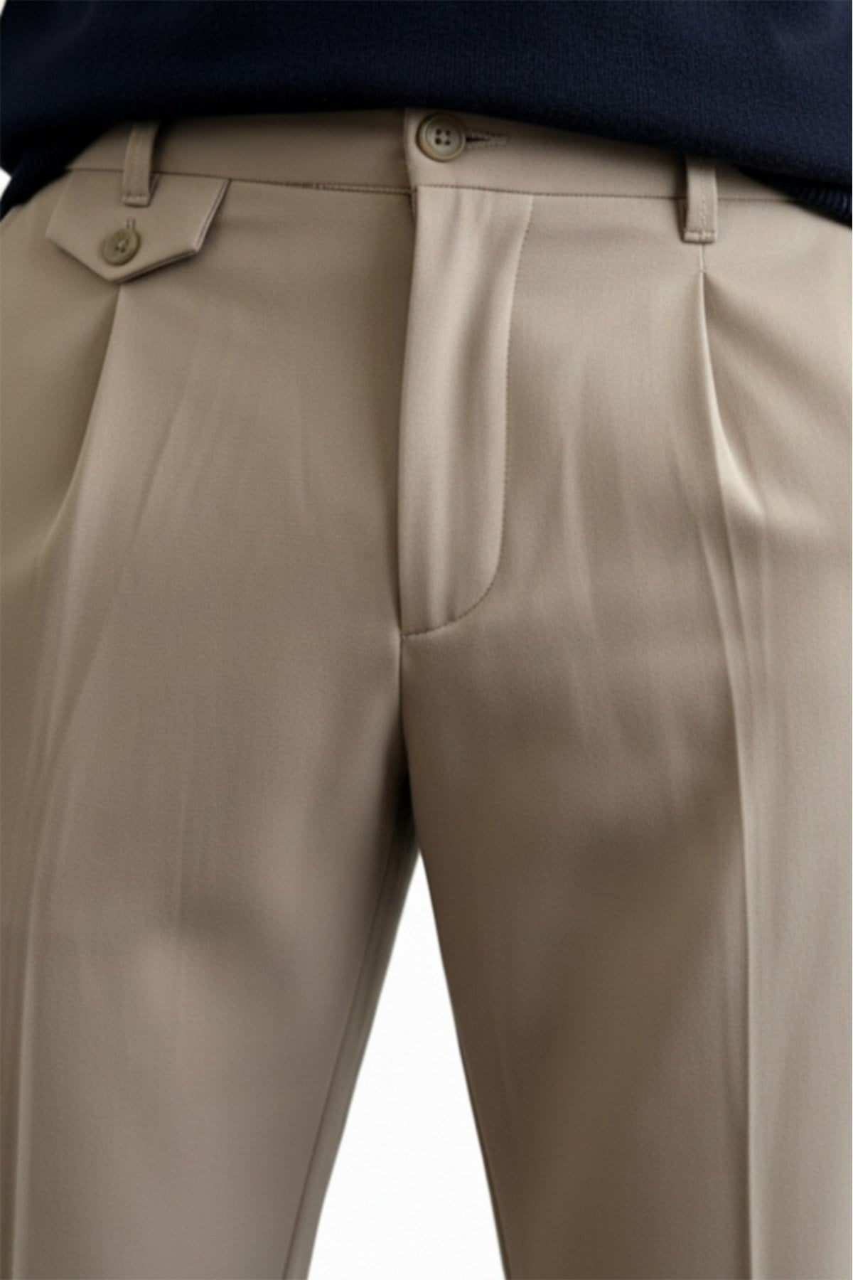 Erkek Regular-Fit Premium Old Money Cep Detaylı Double Paça Kumaş Pantolon Krem