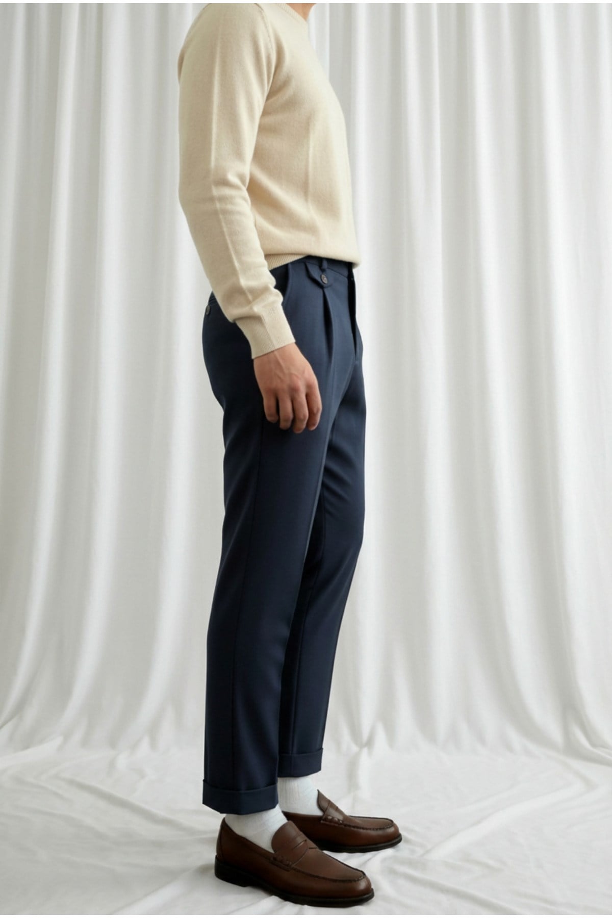 Erkek Regular-Fit Premium Old Money Cep Detaylı Double Paça Kumaş Pantolon Lacivert