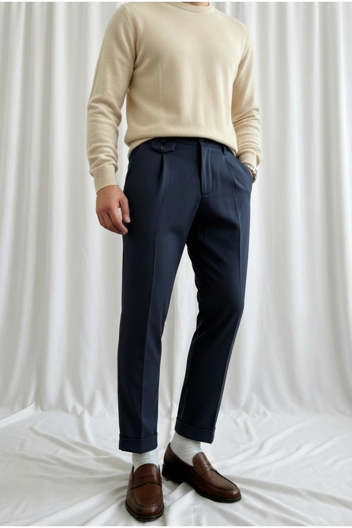 Erkek Regular-Fit Premium Old Money Cep Detaylı Double Paça Kumaş Pantolon Lacivert