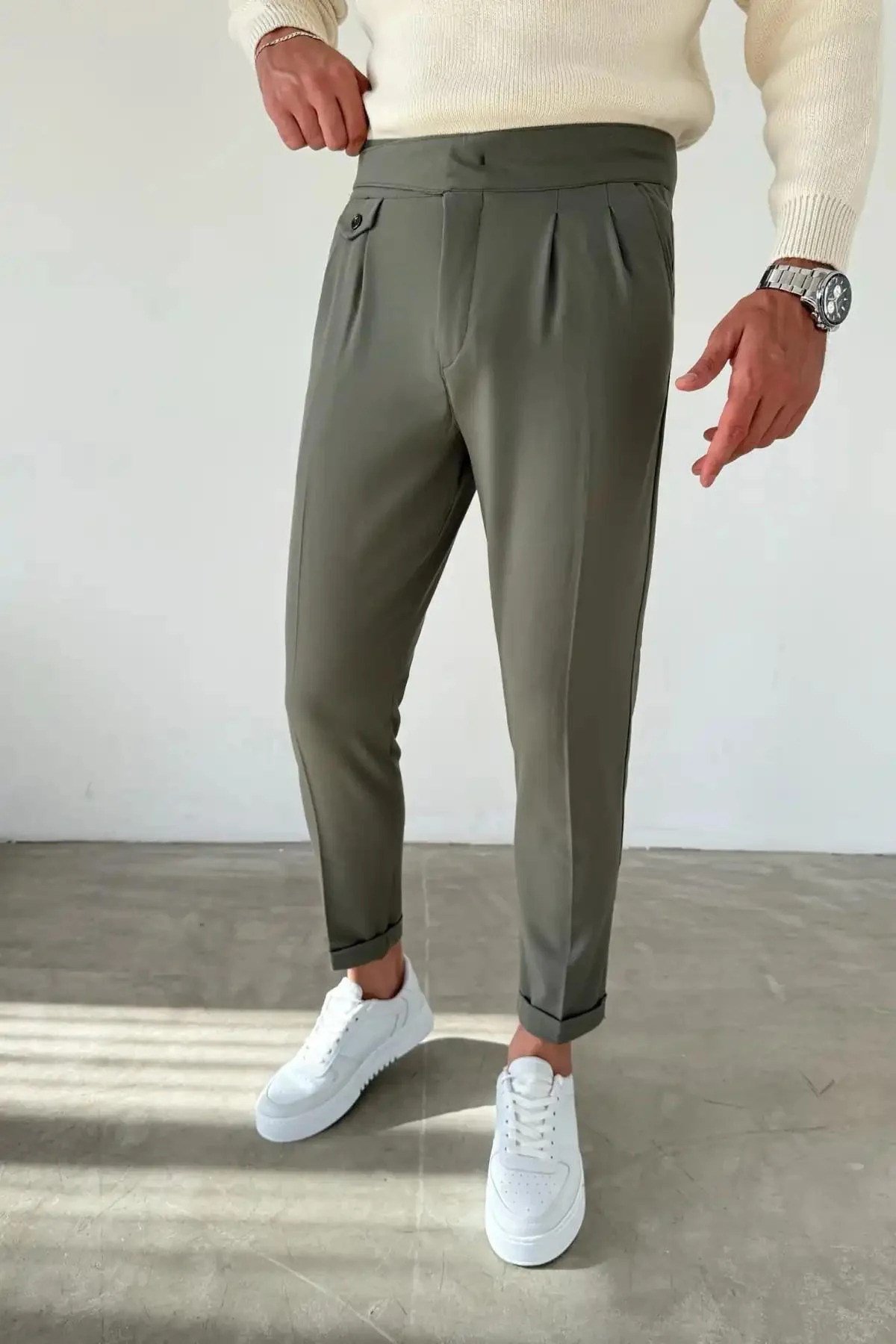 Erkek Regular-Fit Premium Old Money Tokalı Harvest İtalyan Kesim Double Paça Kumaş Pantolon Haki