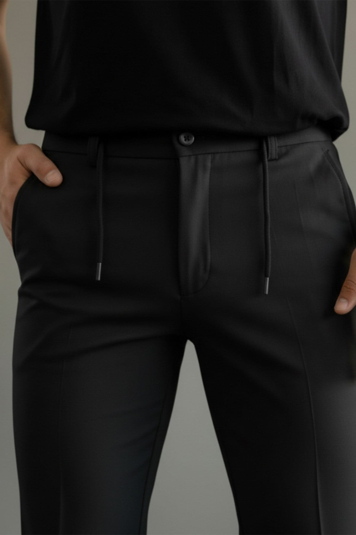 Erkek Regular-Fit Premium ZR Model Beli İpli Pantolon Siyah