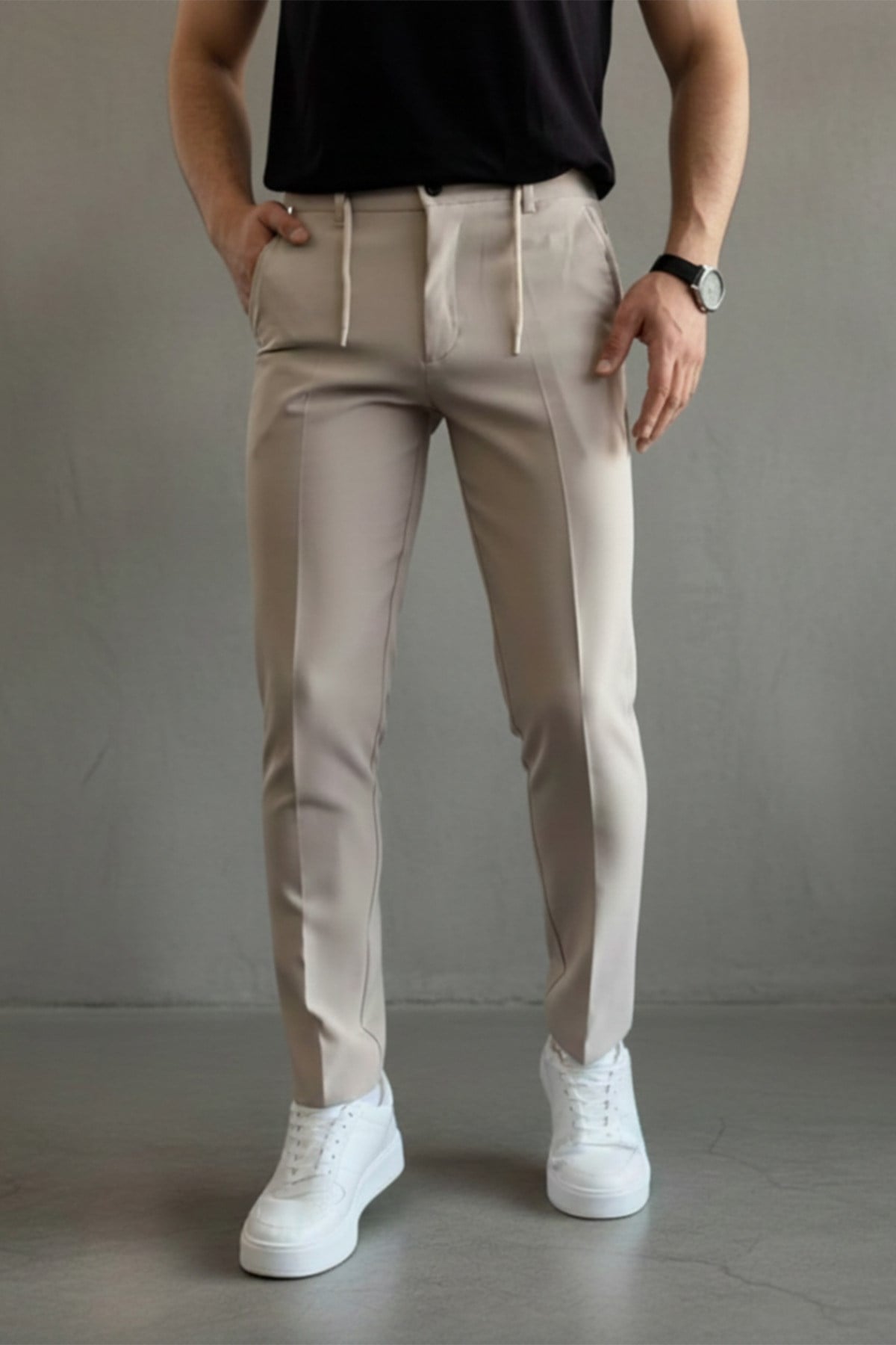Erkek Regular-Fit Premium ZR Model Beli İpli Pantolon Krem