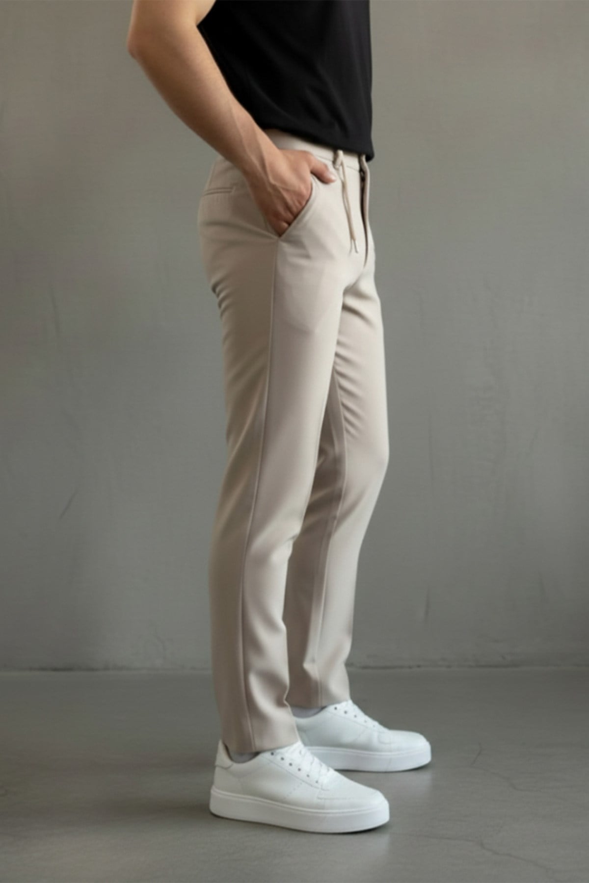 Erkek Regular-Fit Premium ZR Model Beli İpli Pantolon Krem