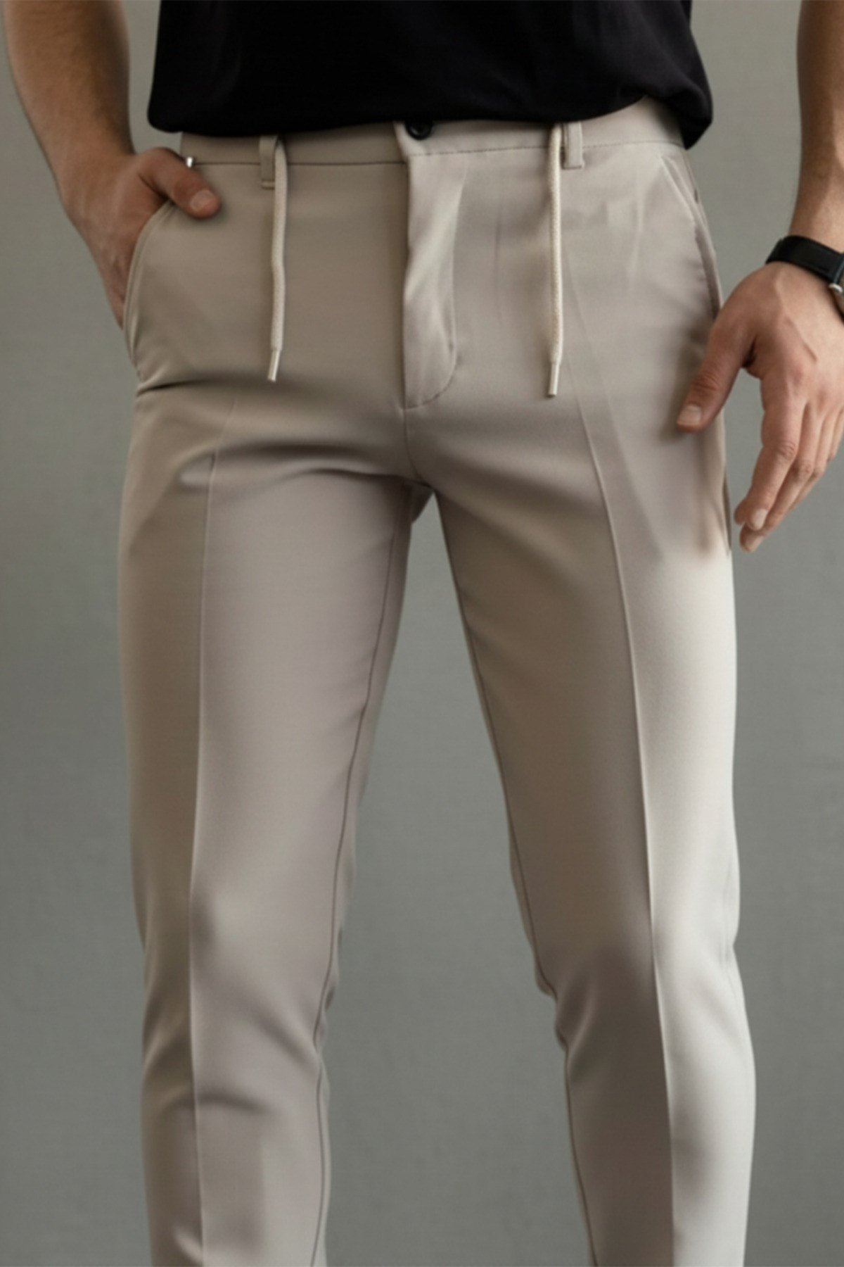 Erkek Regular-Fit Premium ZR Model Beli İpli Pantolon Krem