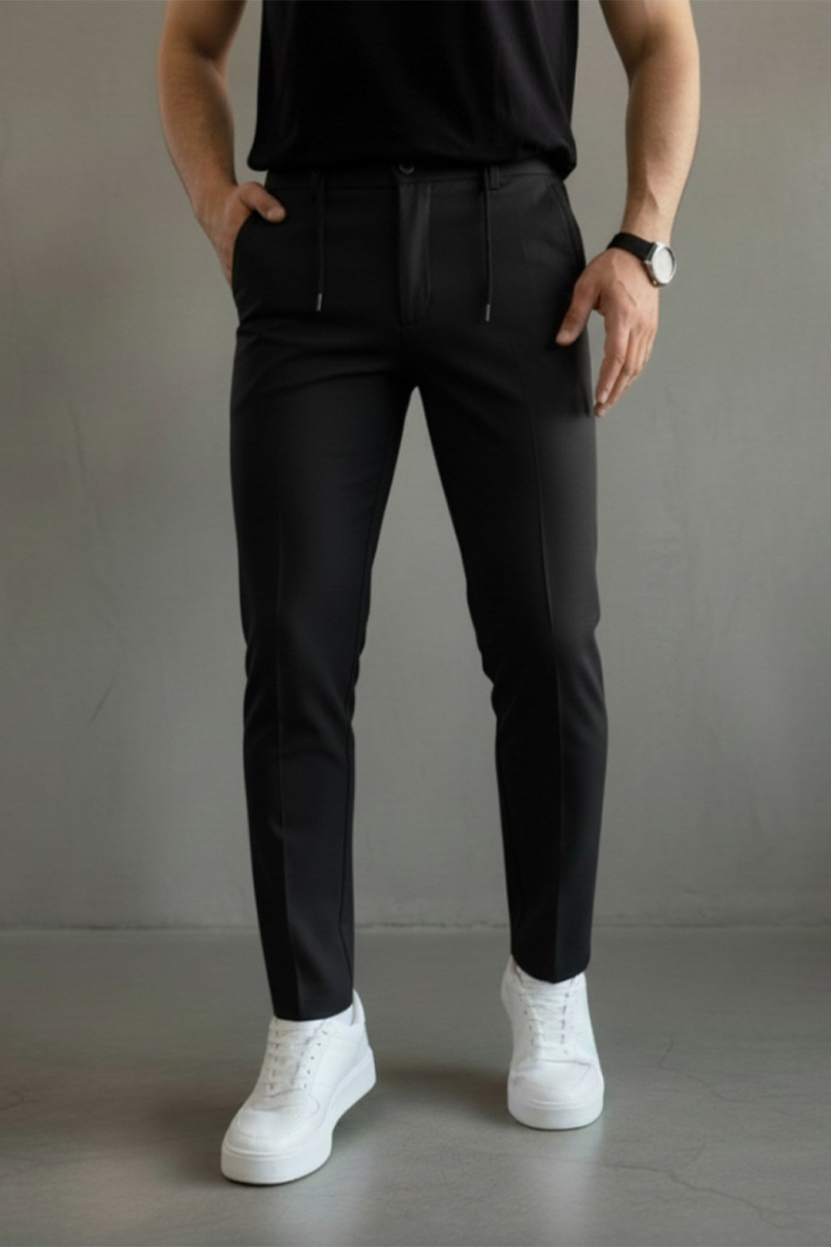Erkek Regular-Fit Premium ZR Model Beli İpli Pantolon Siyah