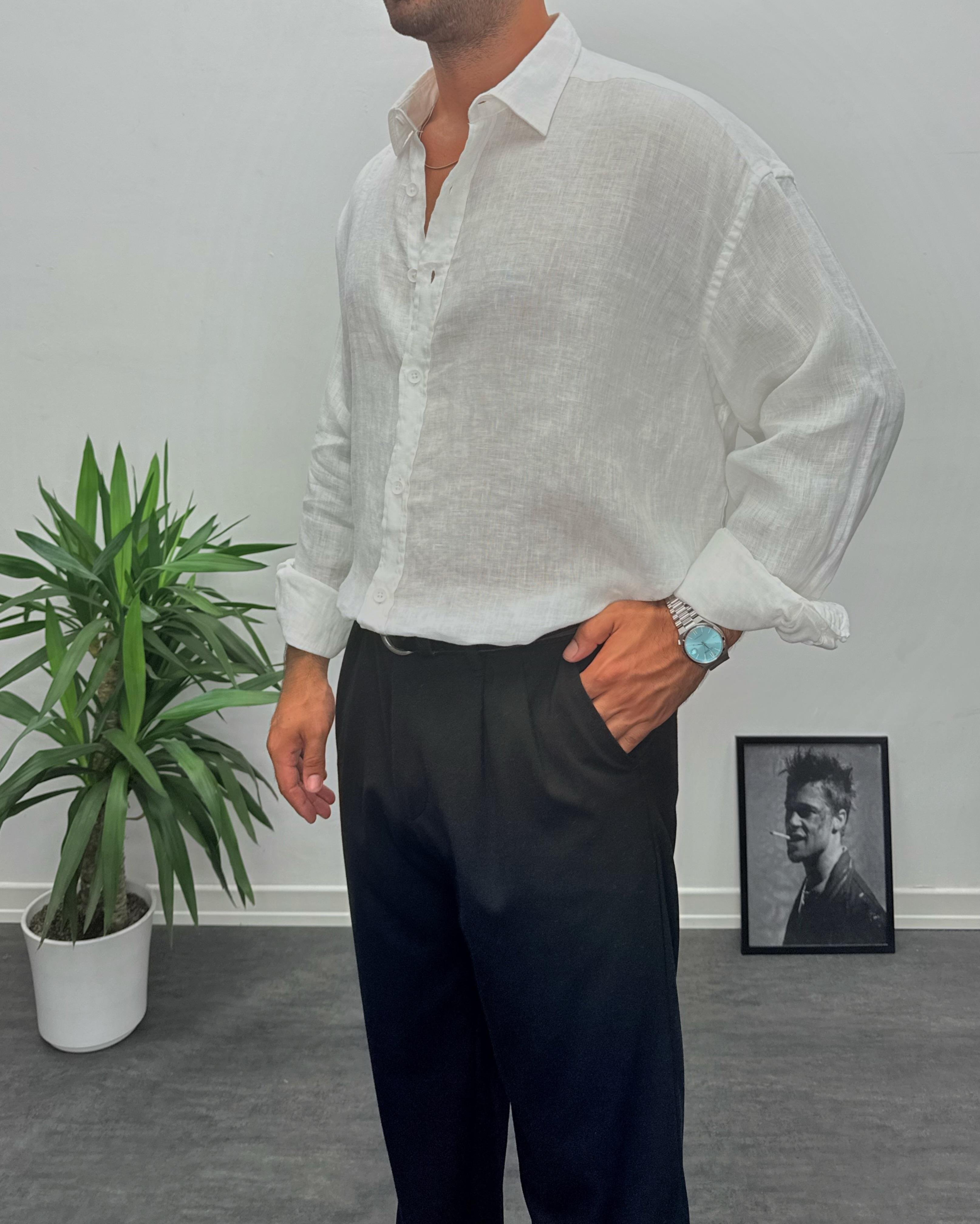 Giesto %100 Keten Oversize Gömlek Beyaz