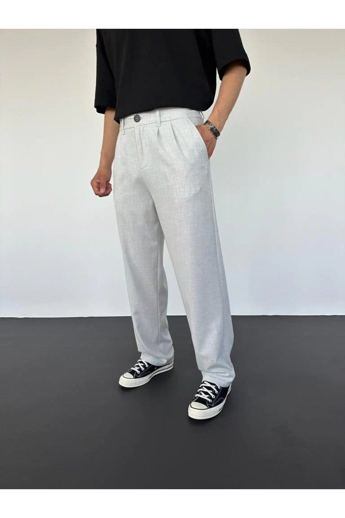 Gri Pileli Baggy Kumaş Pantolon