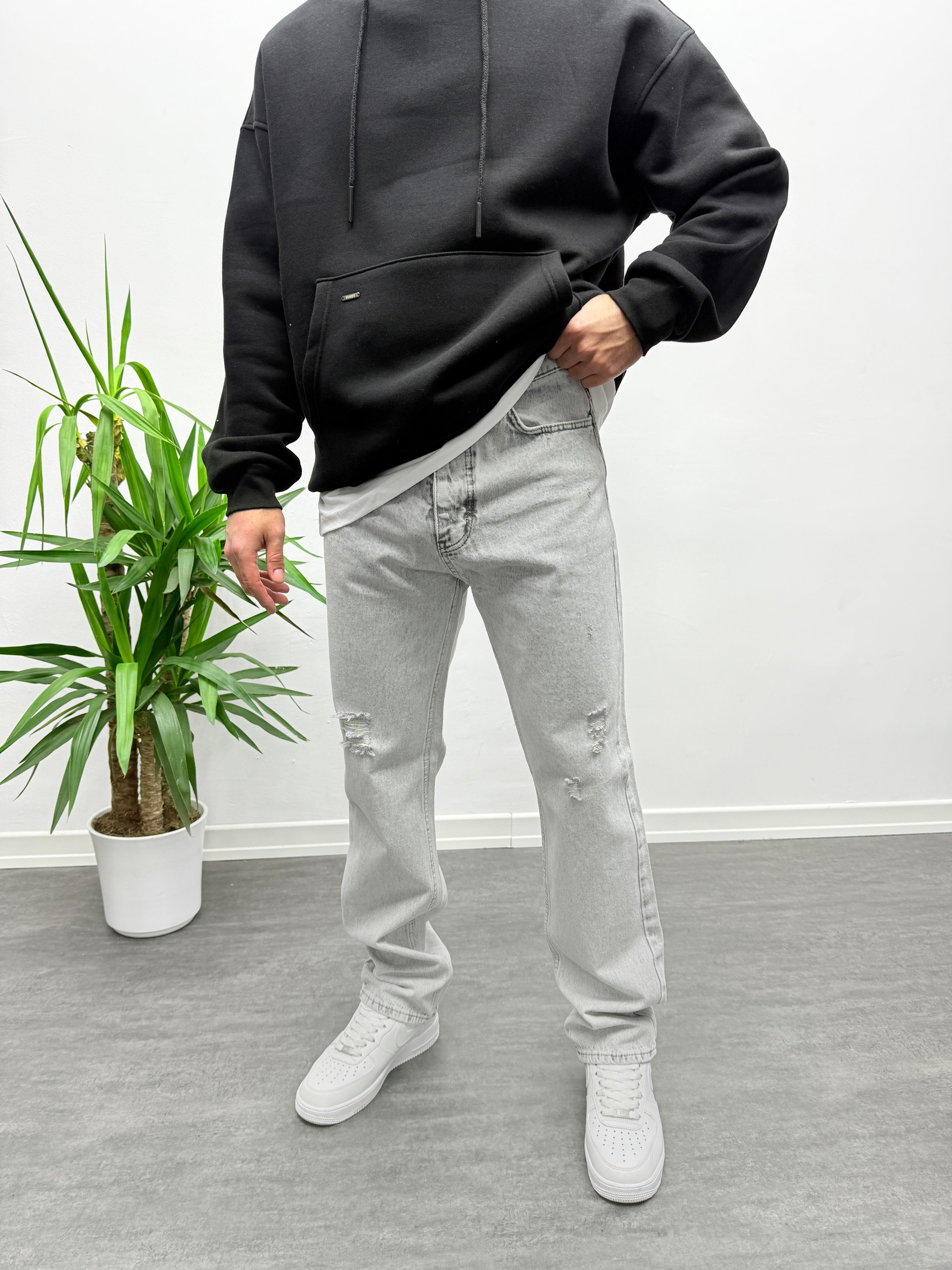 Gri Yırtık Detay Baggy Jean Pantolon