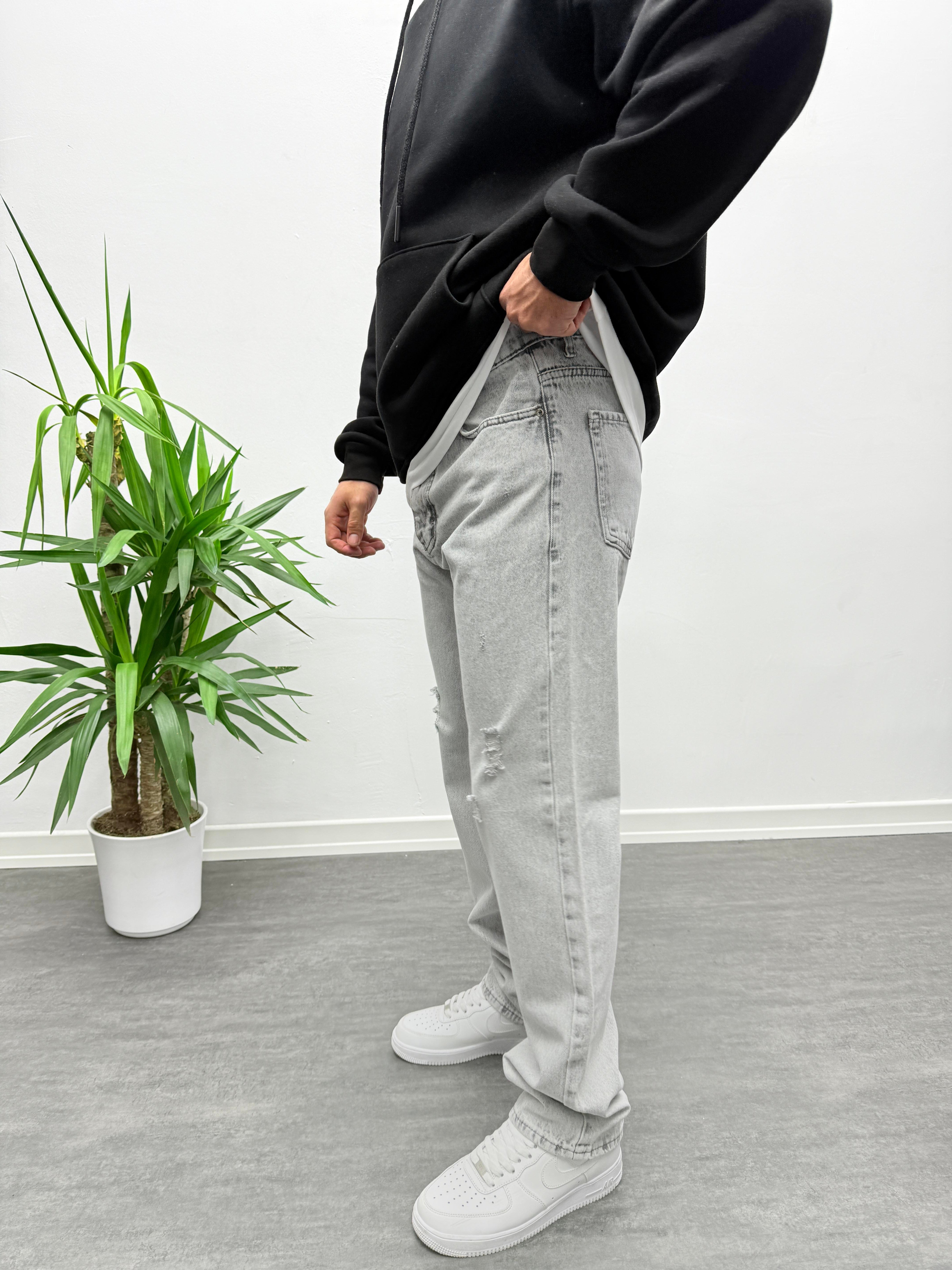 Gri Yırtık Detay Baggy Jean Pantolon