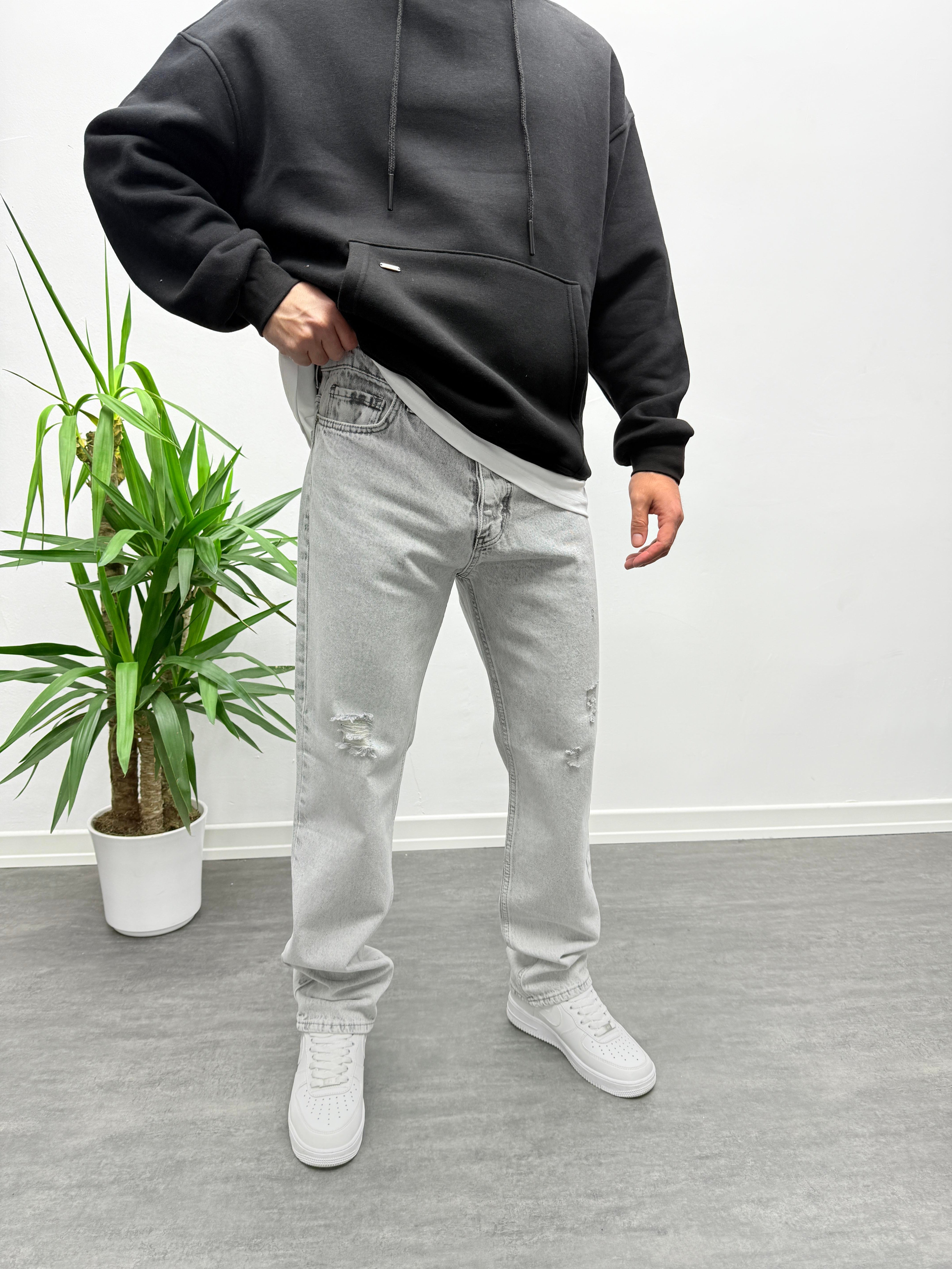 Gri Yırtık Detay Baggy Jean Pantolon