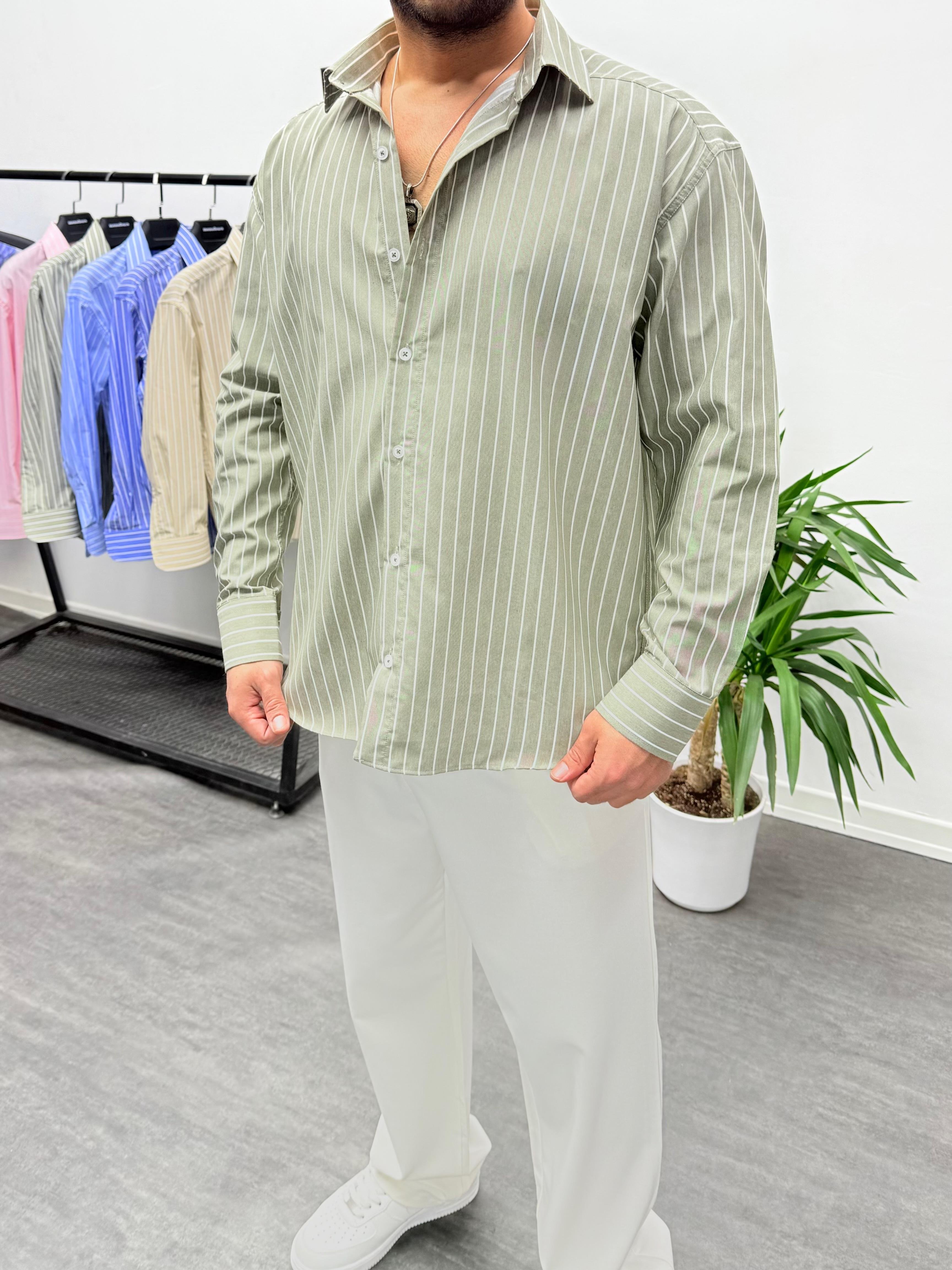 Haki Çizgi Detaylı Keten Oversize Gömlek