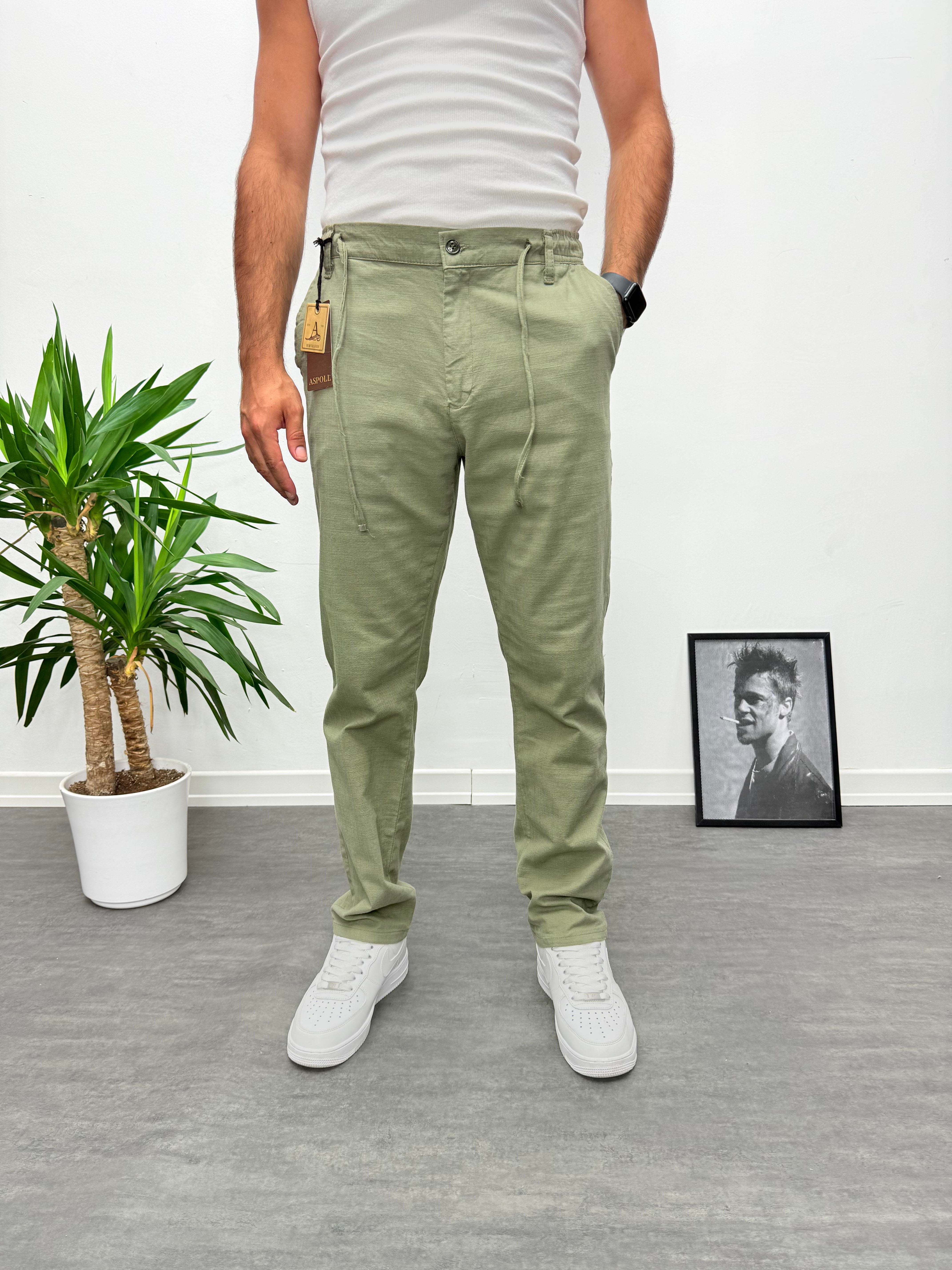 Haki Kahve Regular Boyfriend Kalıp Keten Pantolon