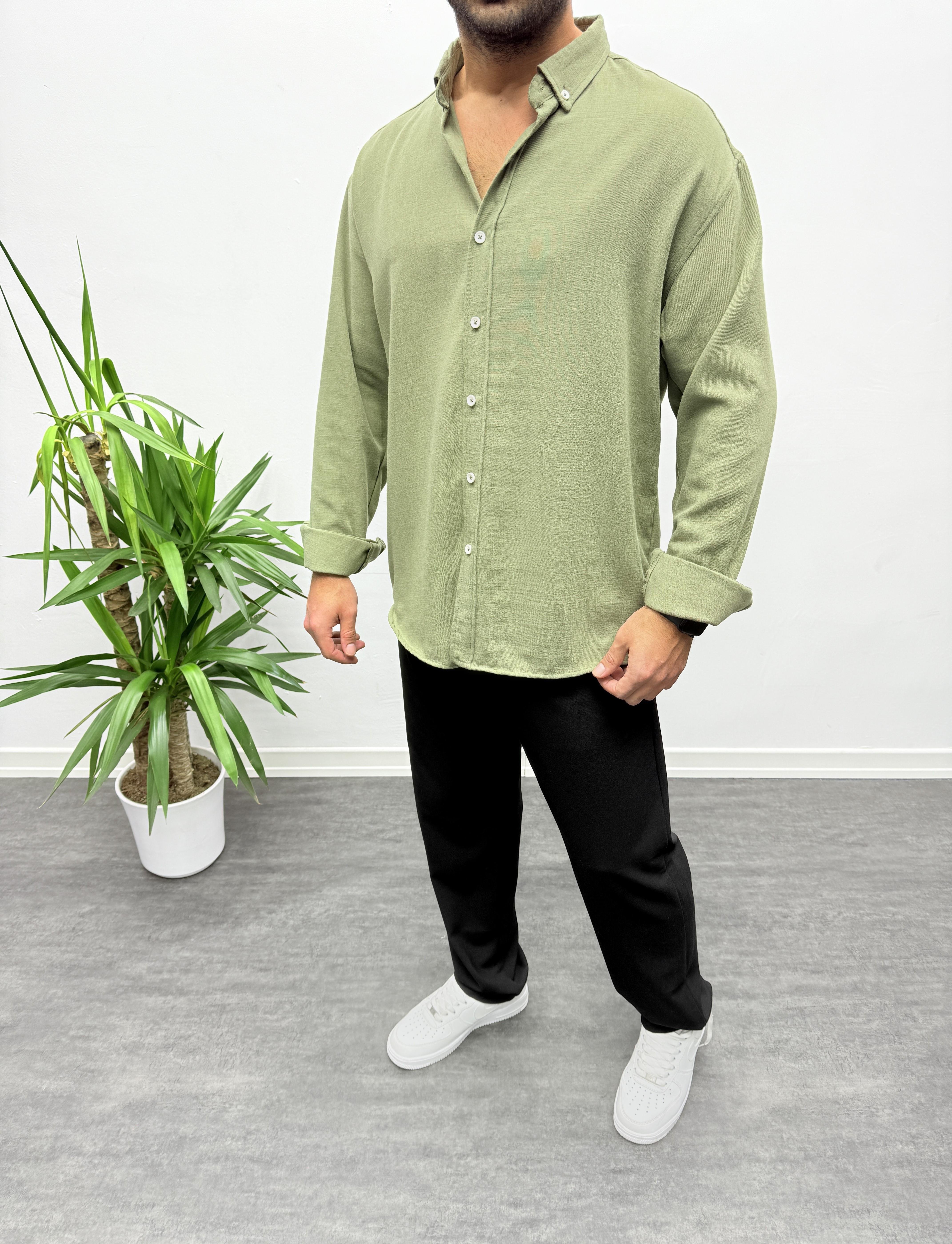 Haki Oversize Dokulu Gömlek