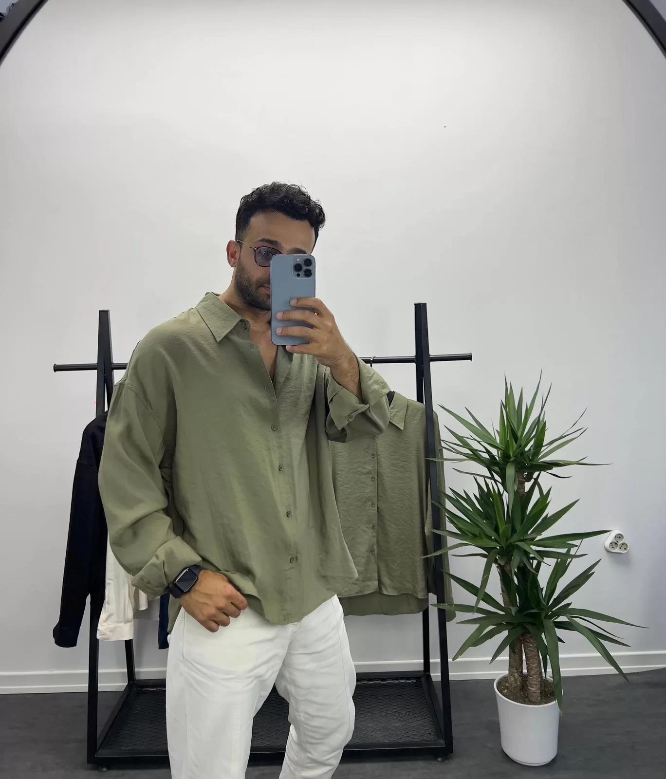 Haki Yeşil Tensel Kumaş Oversize Gömlek