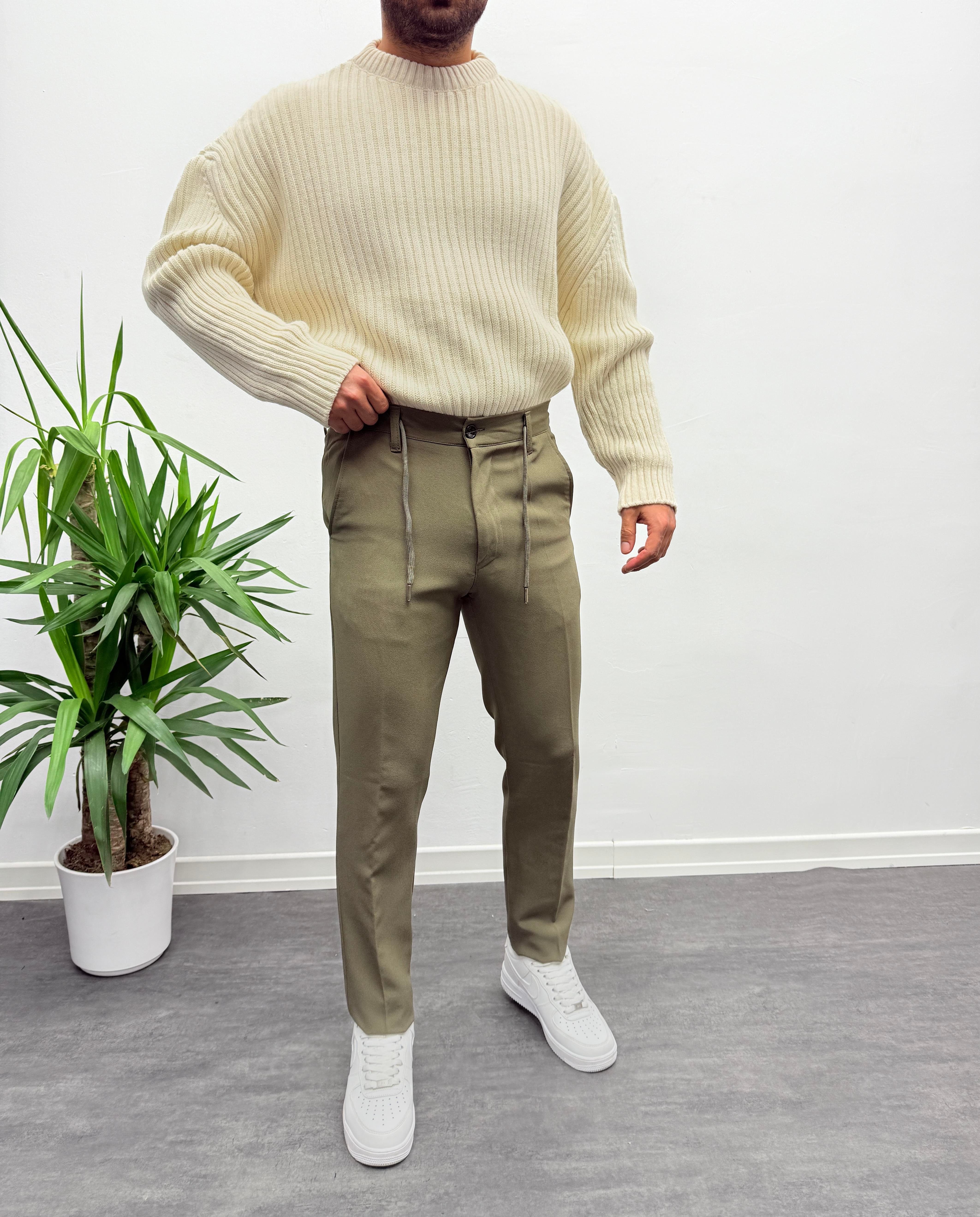 Haki ZR Model Kumaş Ayarlanabilir İp Detaylı Kumaş Pantolon
