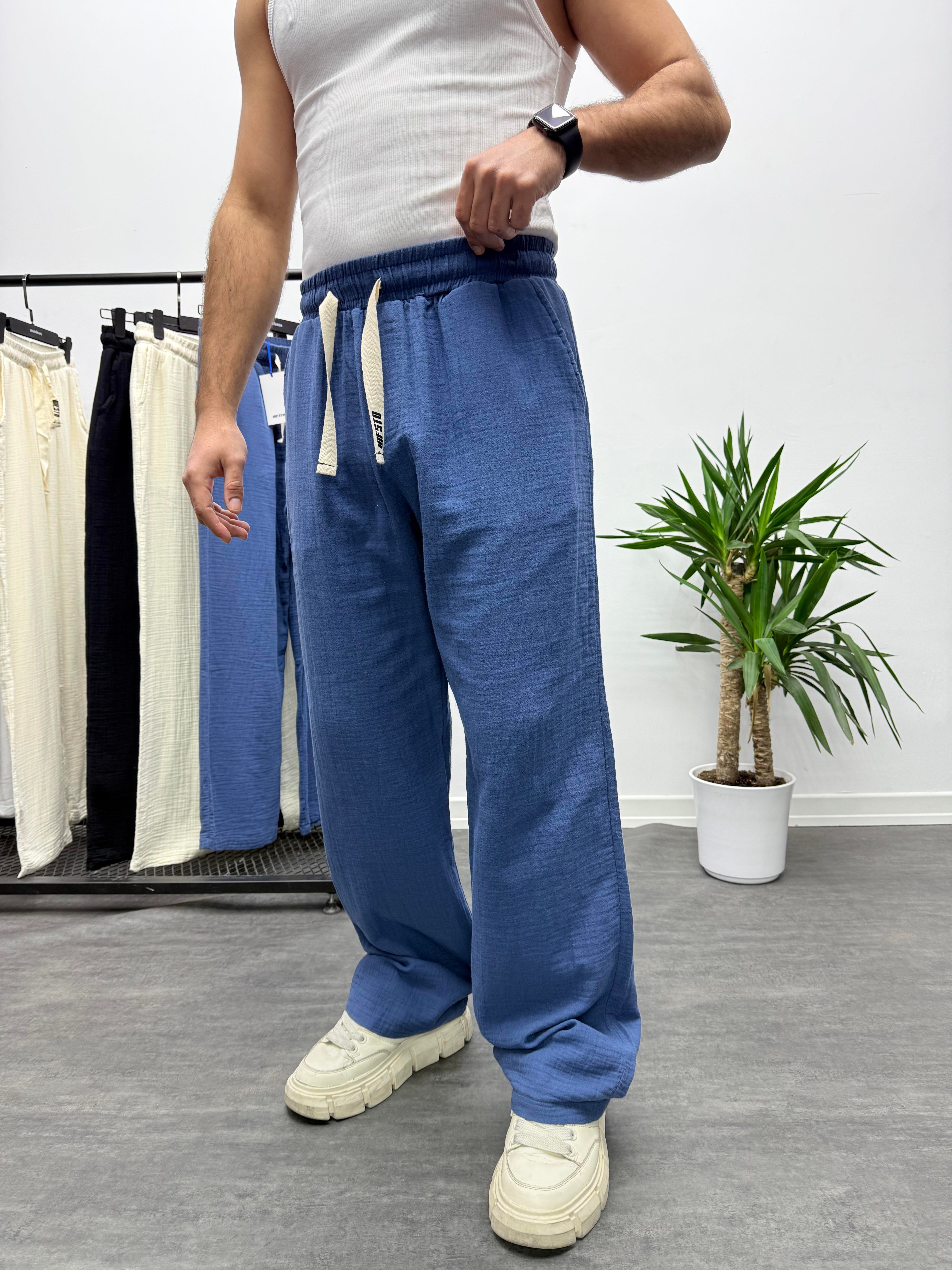 İndigo Müslin Kumaş Keten Pantolon
