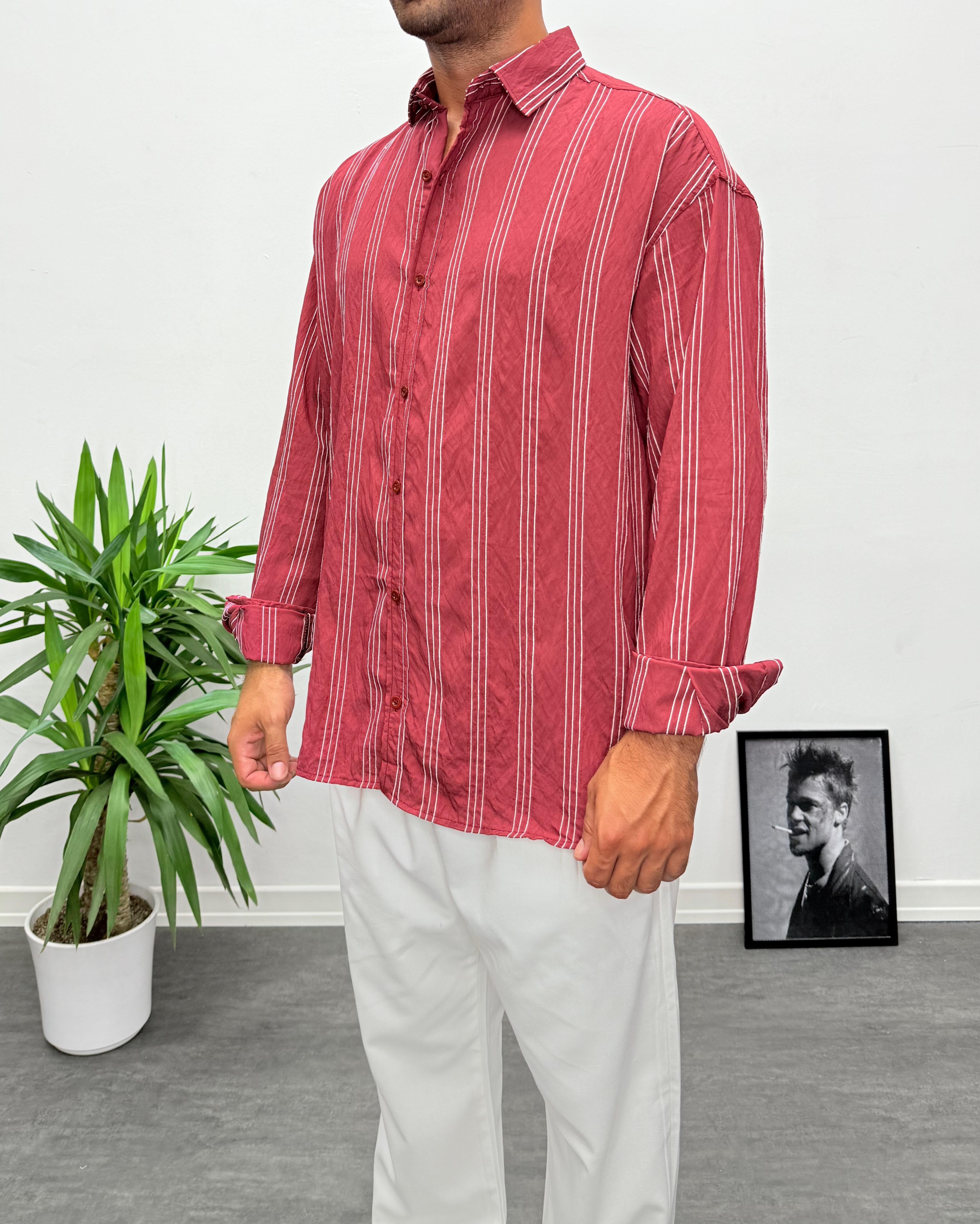 Kırmızı Çizgili Modal Kumaş Oversize Gömlek