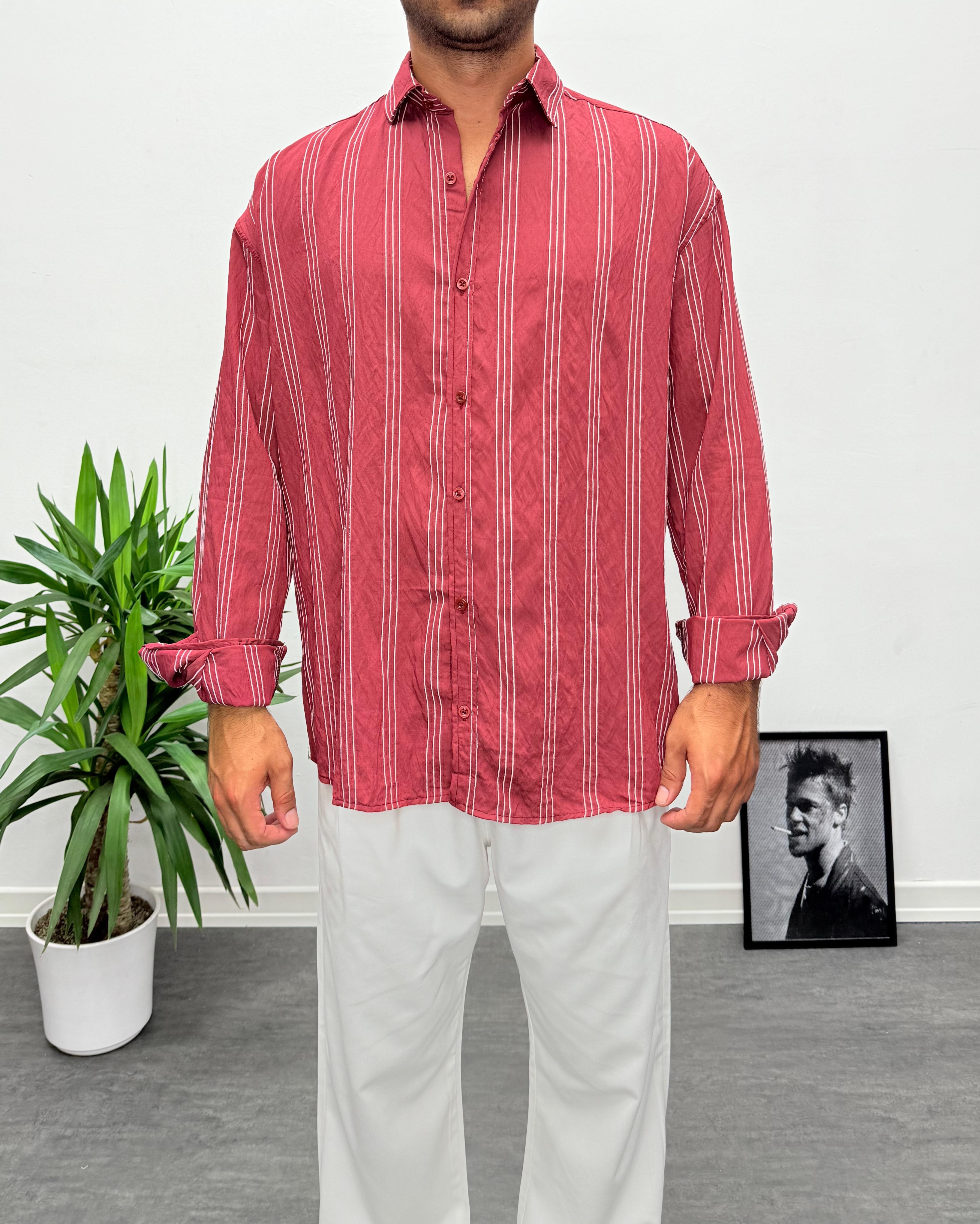 Kırmızı Çizgili Modal Kumaş Oversize Gömlek