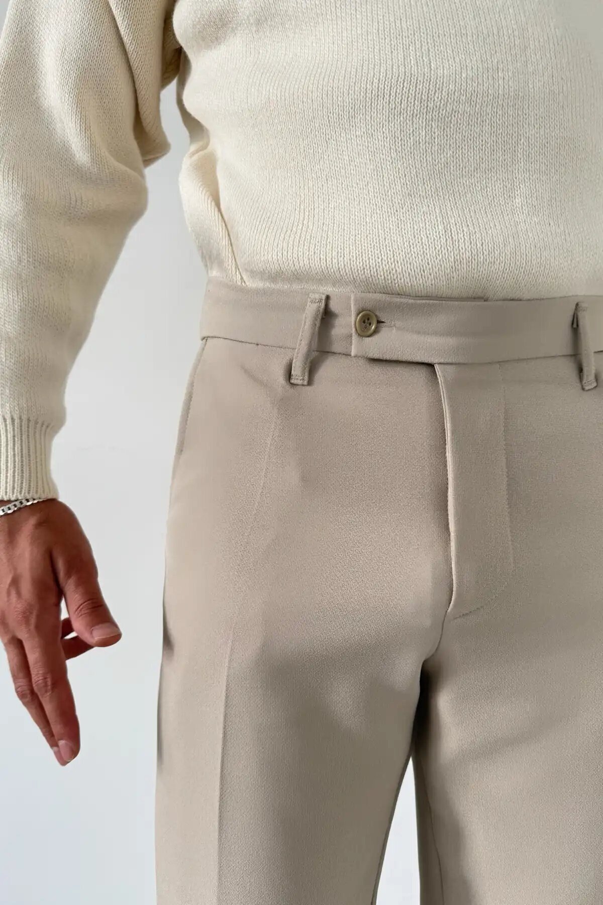 Krem Kısa Dilli Double Paça İtalyan Kesim Gabardin Kumaş Pantolon