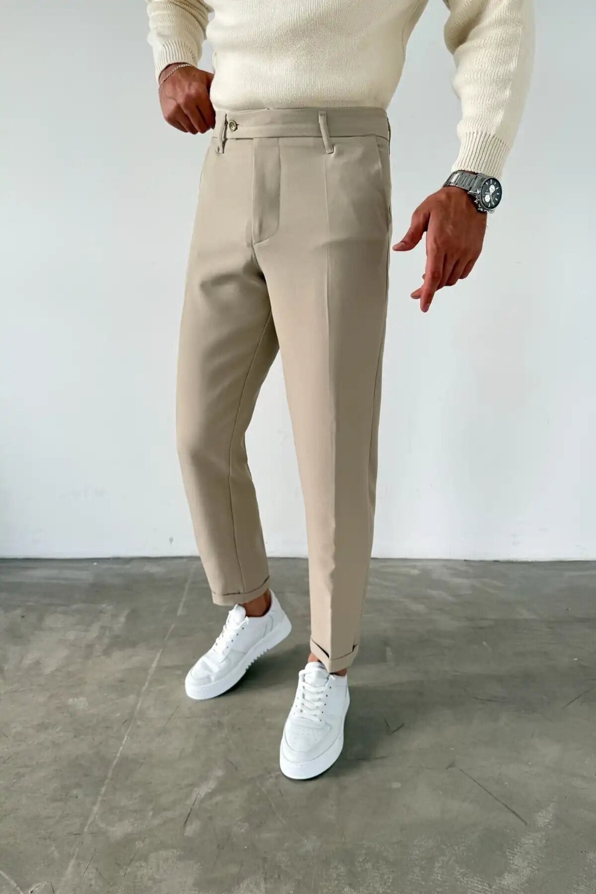 Krem Kısa Dilli Double Paça İtalyan Kesim Gabardin Kumaş Pantolon
