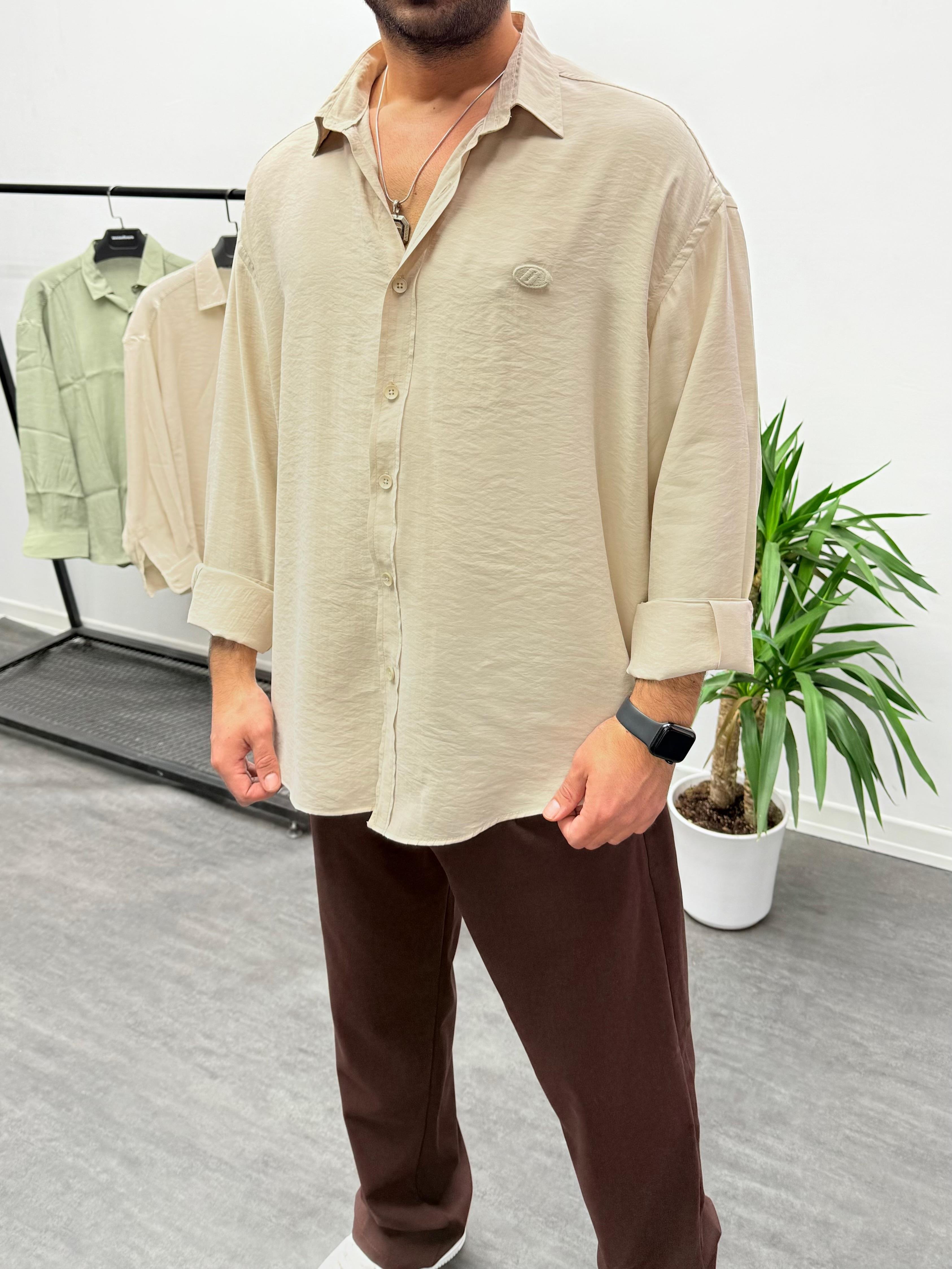 Krem Modal Kumaş Oversize Gömlek
