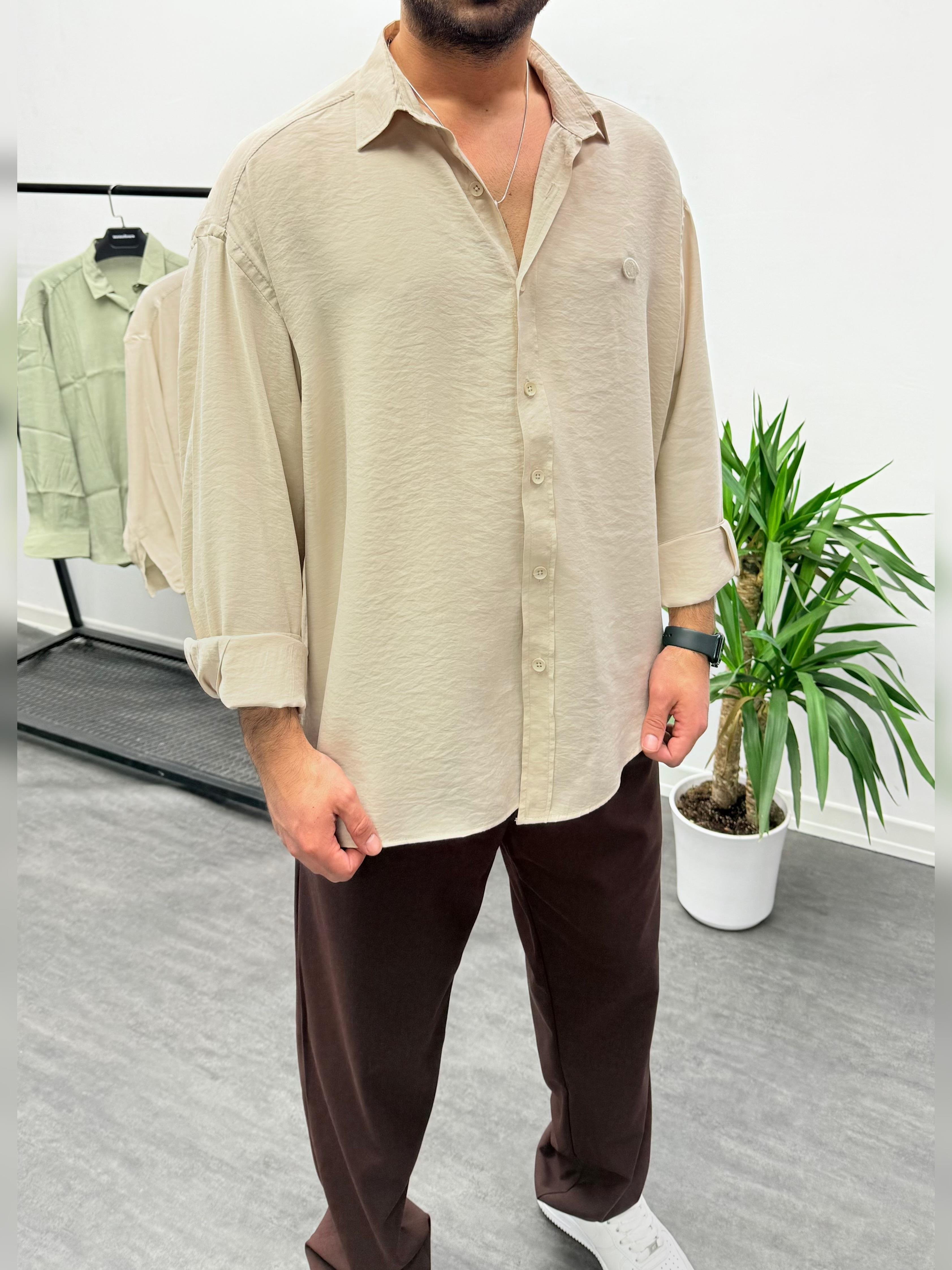 Krem Modal Kumaş Oversize Gömlek