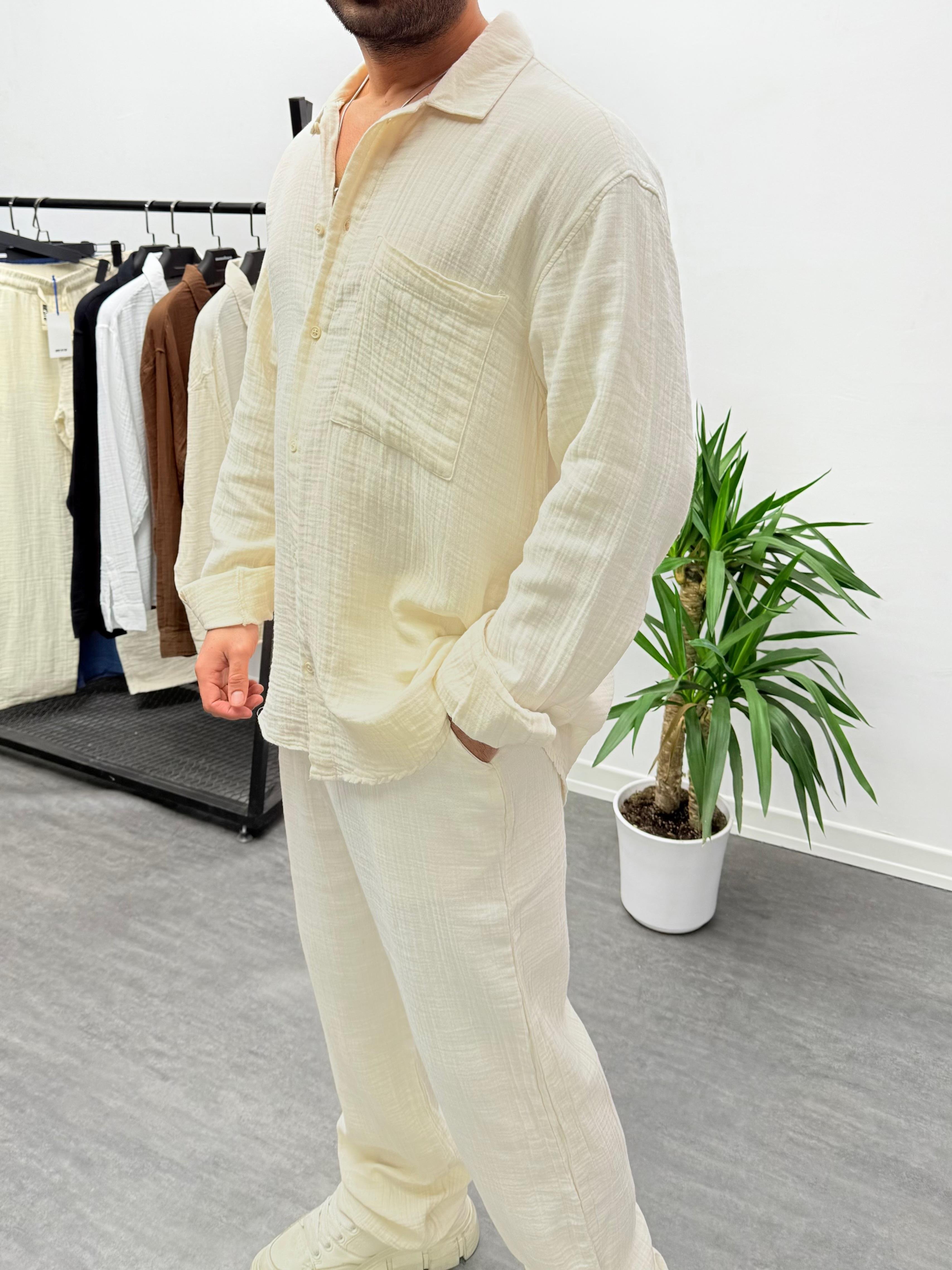 Krem Müslin Kumaş Oversize Gömlek
