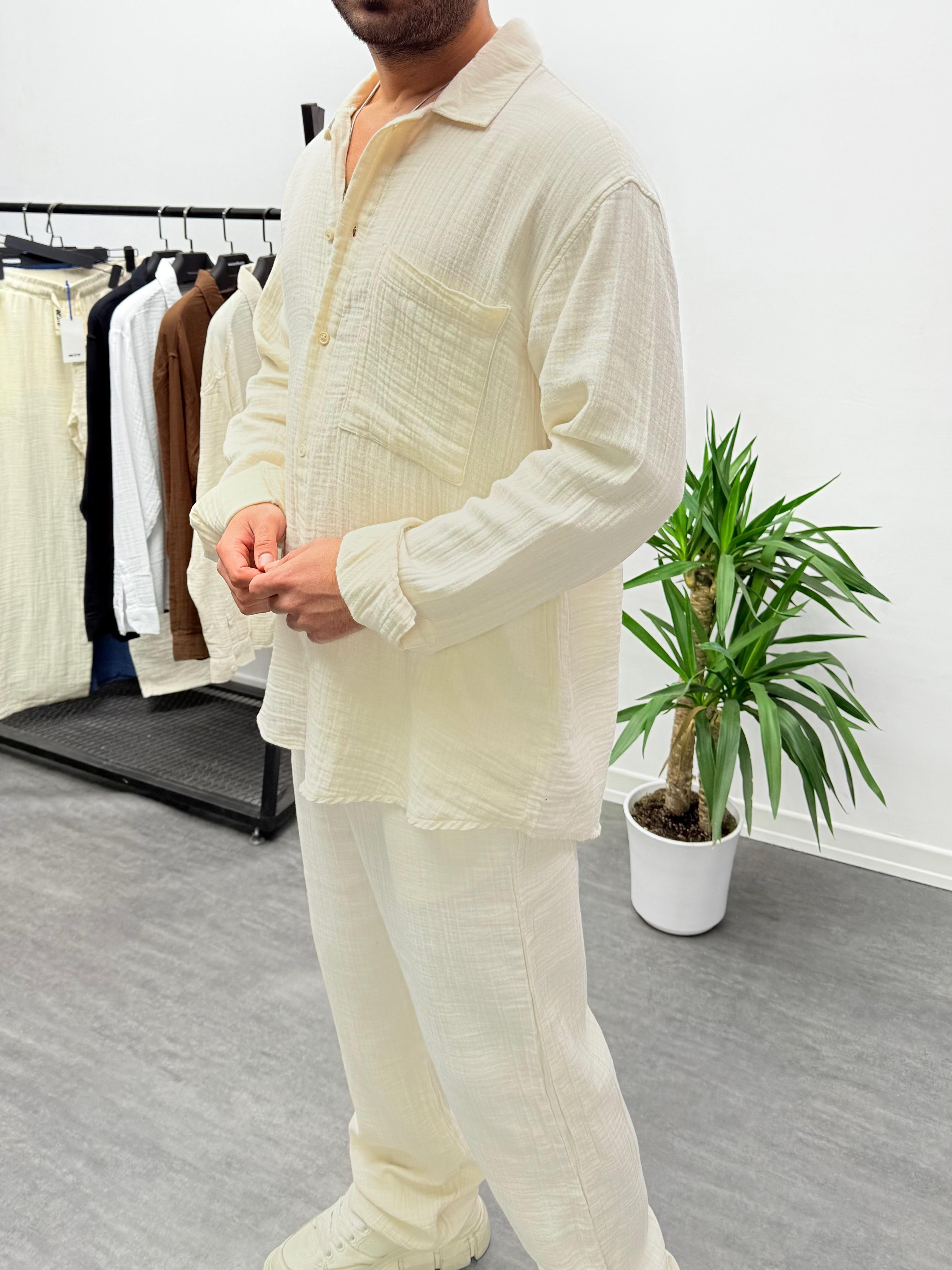 Krem Müslin Kumaş Oversize Gömlek