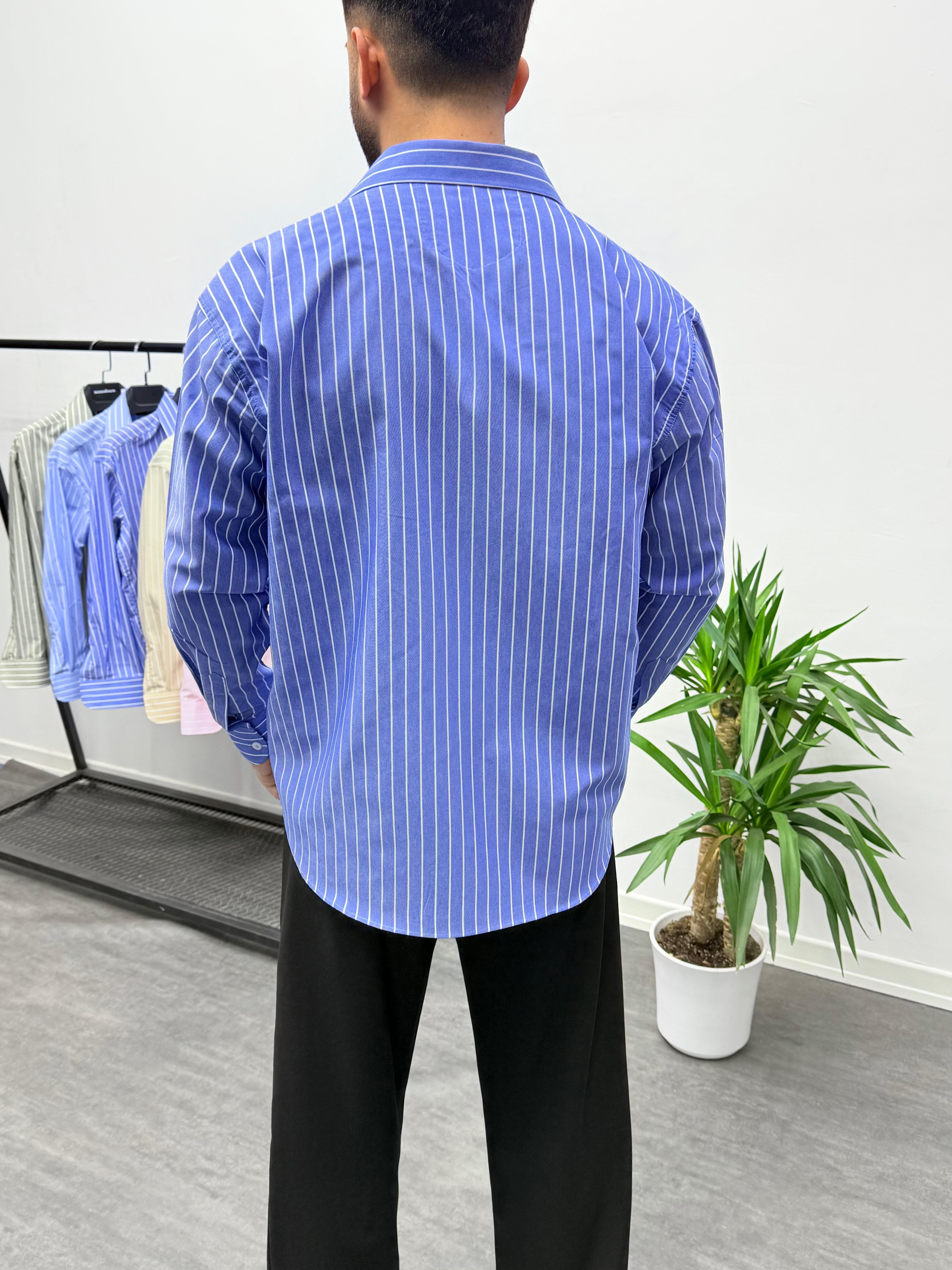 Lacivert Çizgi Detaylı Keten Oversize Gömlek