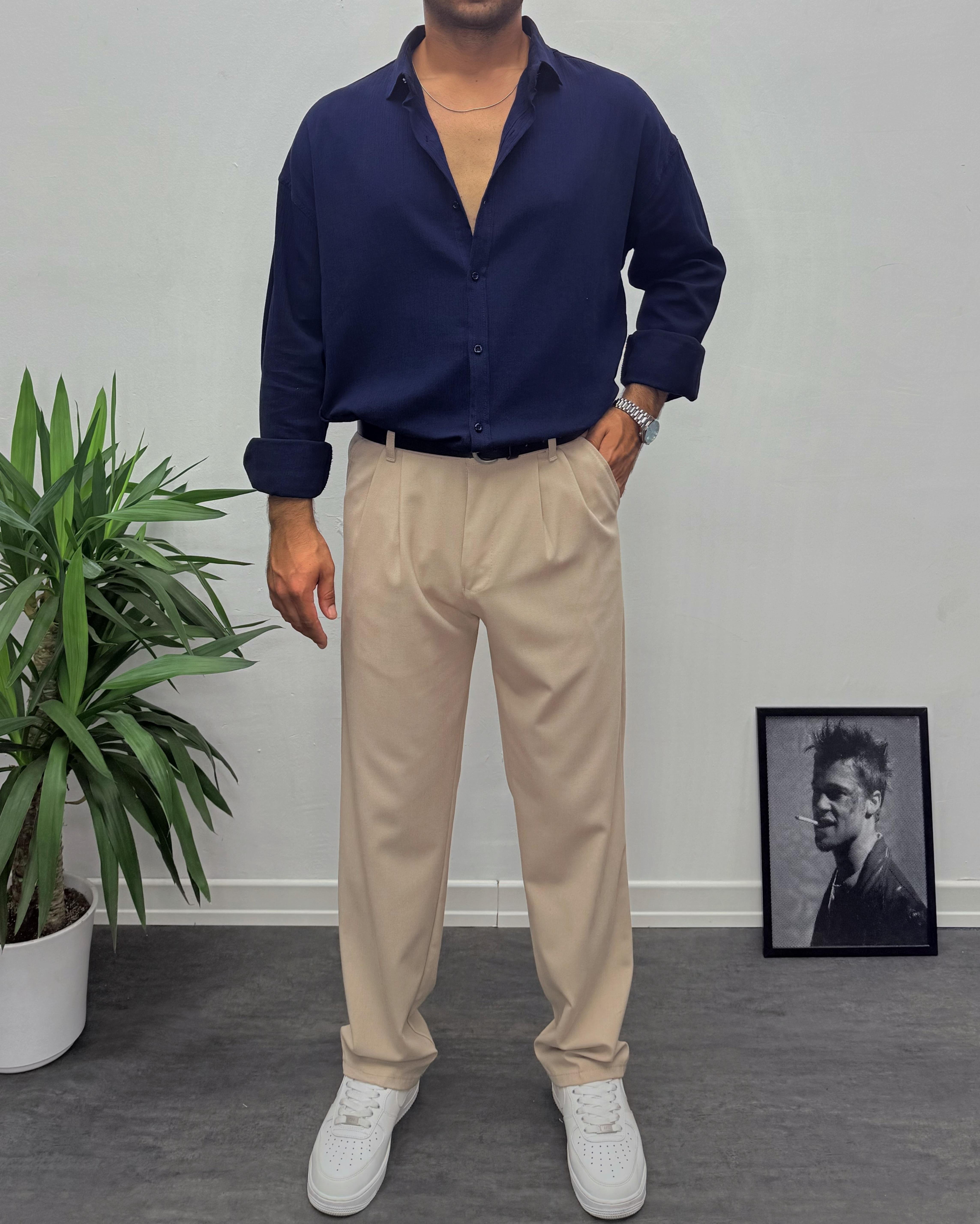 Lacivert Krinkıl Kumai Oversize Gömlek