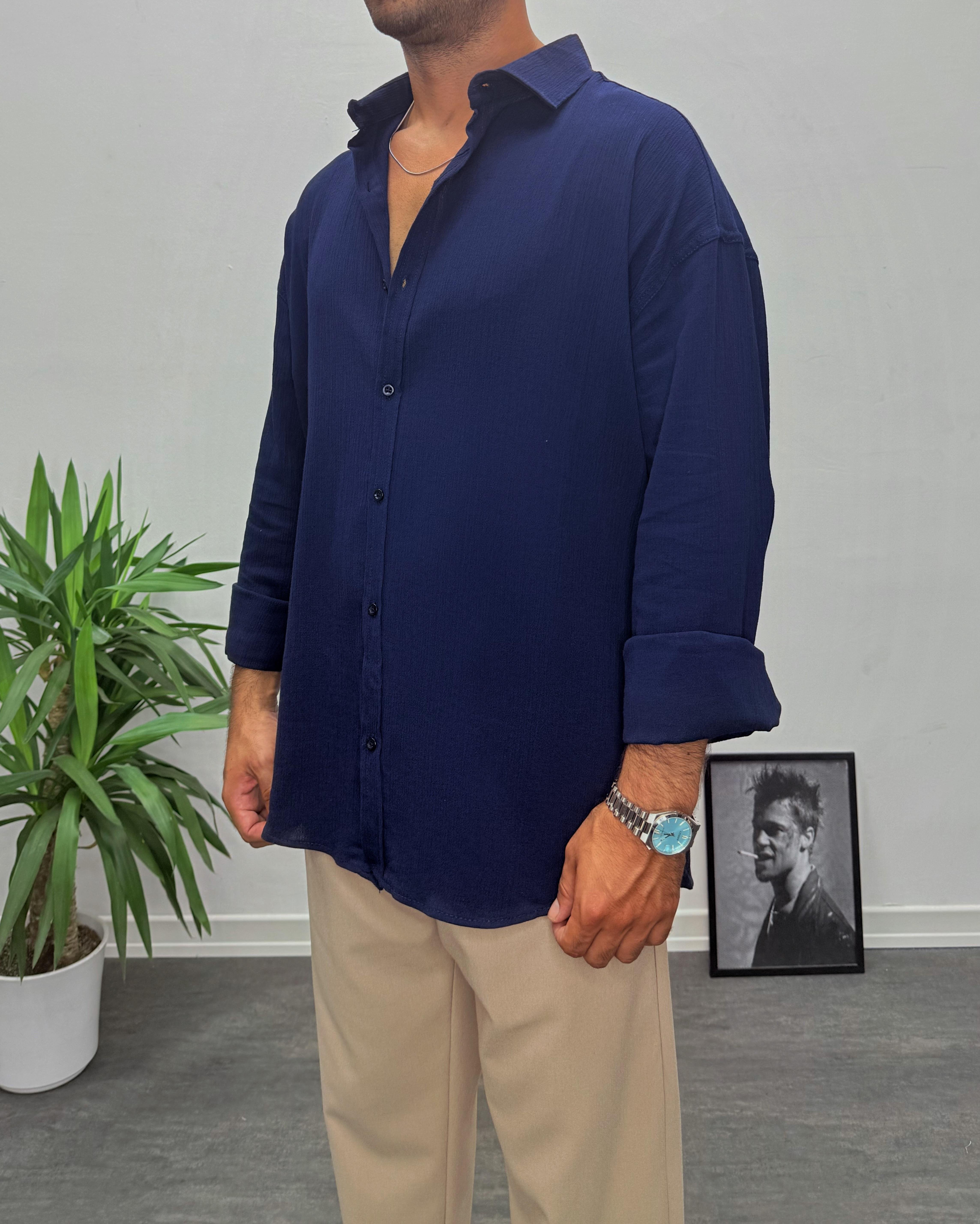 Lacivert Krinkıl Kumai Oversize Gömlek