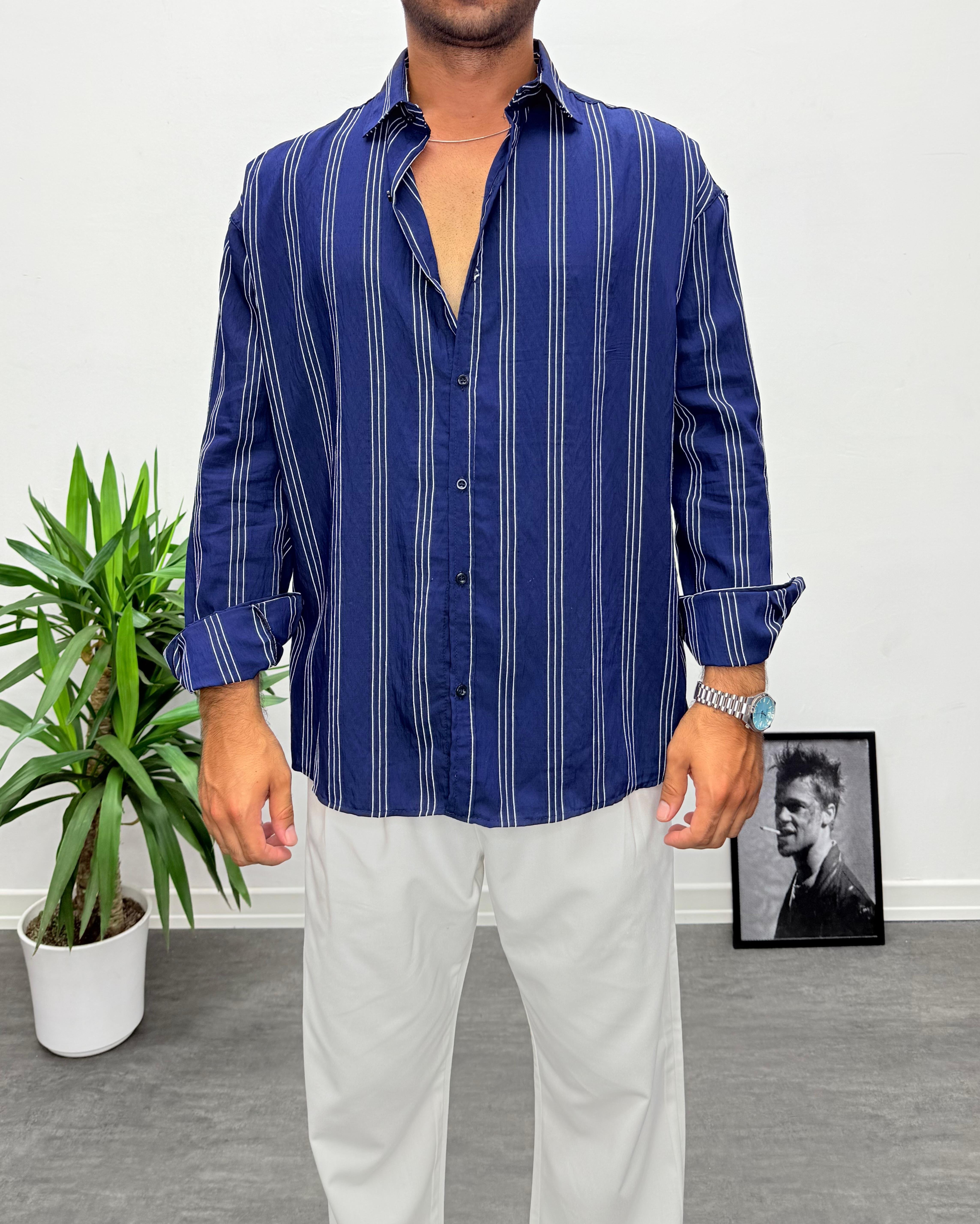 Lacivert Modal Kumaş Oversize Gömlek