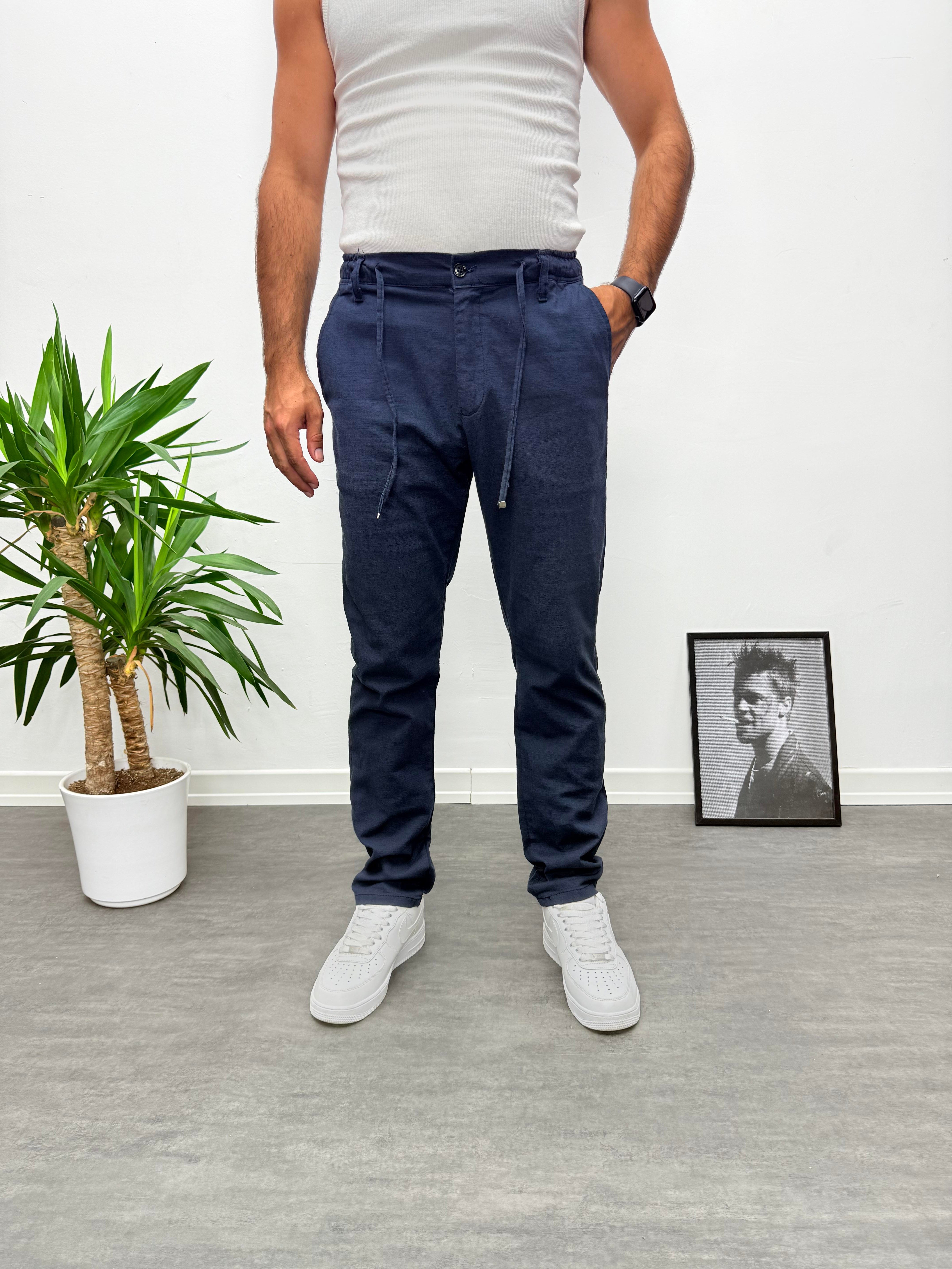 Lacivert Regular Boyfriend Kalıp Keten Pantolon